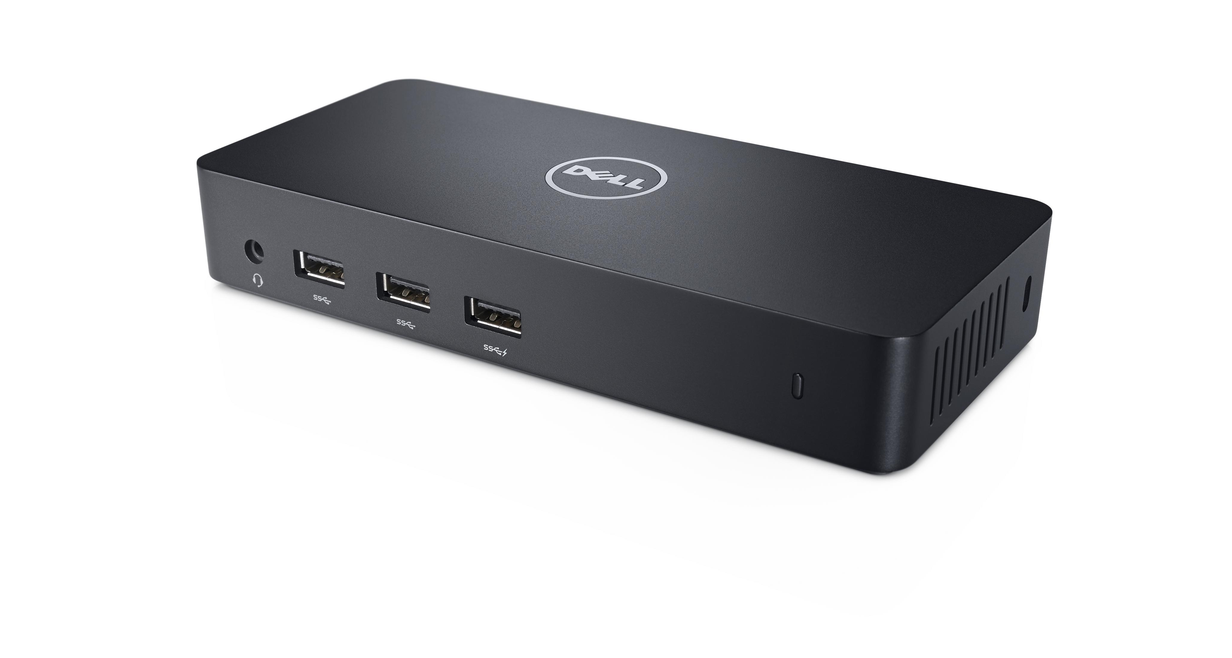 Docking station Dell nera con porte e logo Dell, su sfondo bianco.