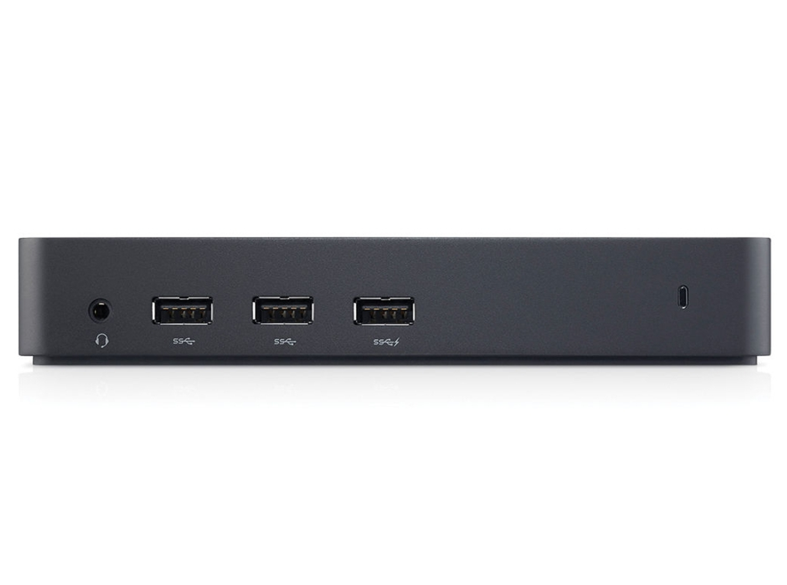 Una docking station Dell con più porte USB e un jack per cuffie. Lo sfondo è bianco.