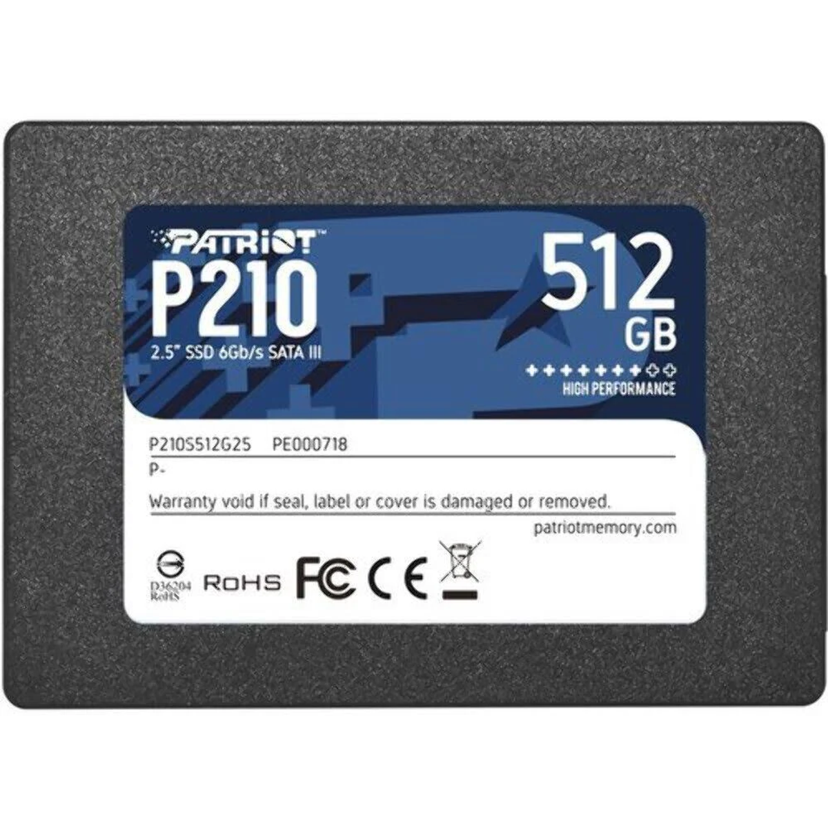 Czarny dysk SSD z etykietą. Etykieta ma niebieskie i białe detale.