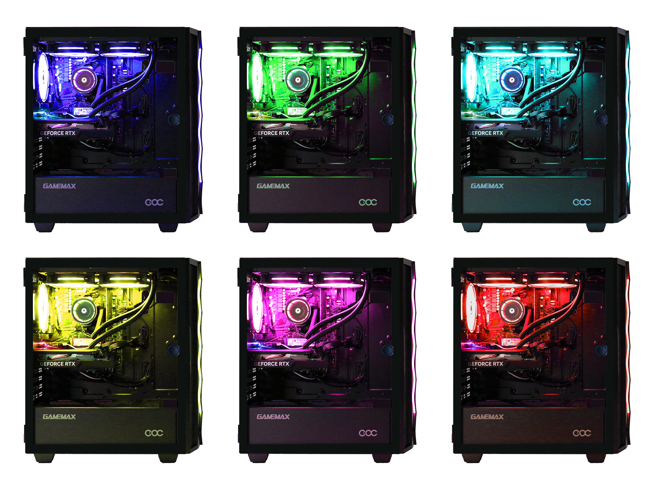 Sechs Gaming-PC-Gehäuse mit RGB-Beleuchtung in verschiedenen Farben: Lila, Grün, Blau, Gelb, Rosa und Rot.