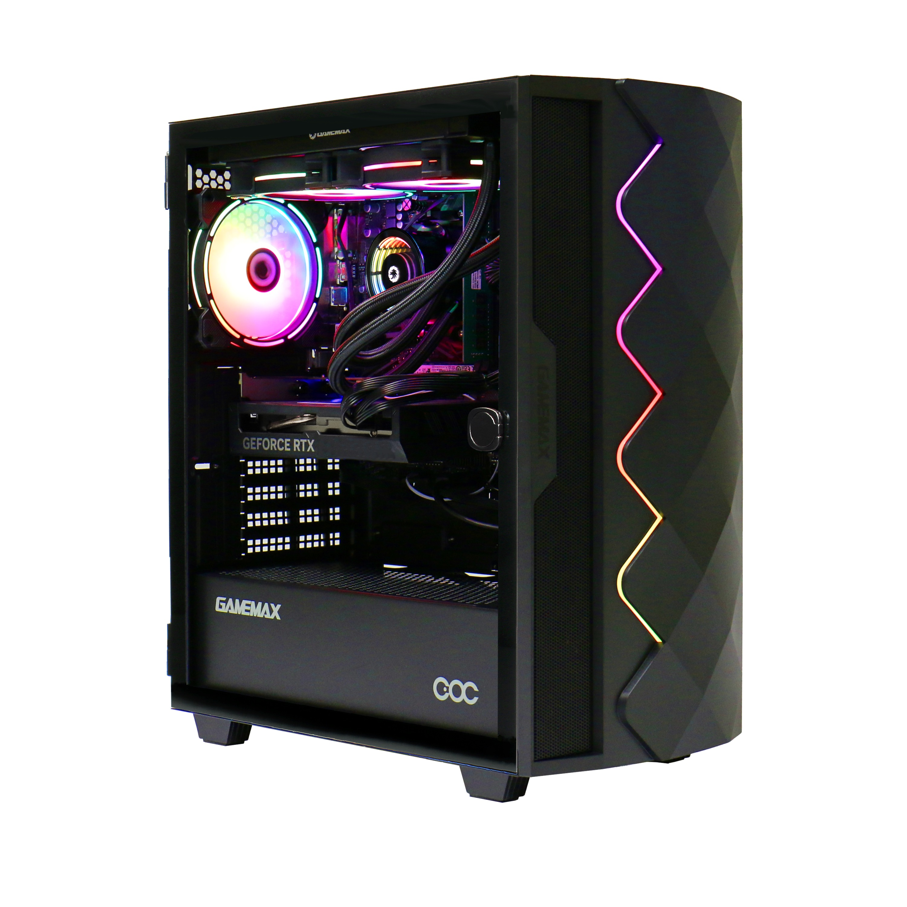 Schwarzes Computergehäuse mit RGB-Beleuchtung innen und vorne, offen zur Darstellung der Komponenten.