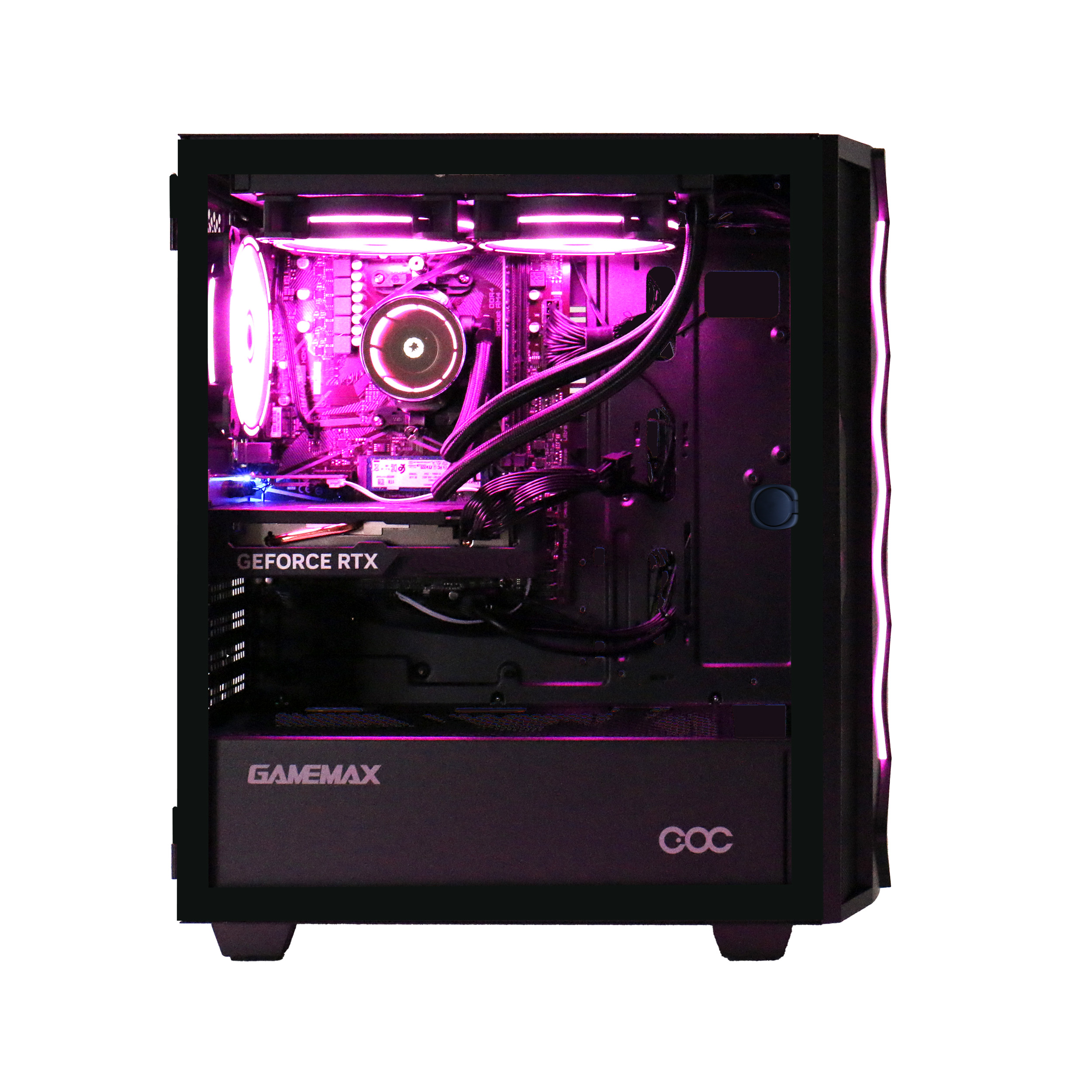 Gaming-PC mit rosa Lichtern im Inneren. Schwarzes Gehäuse mit sichtbaren Komponenten.