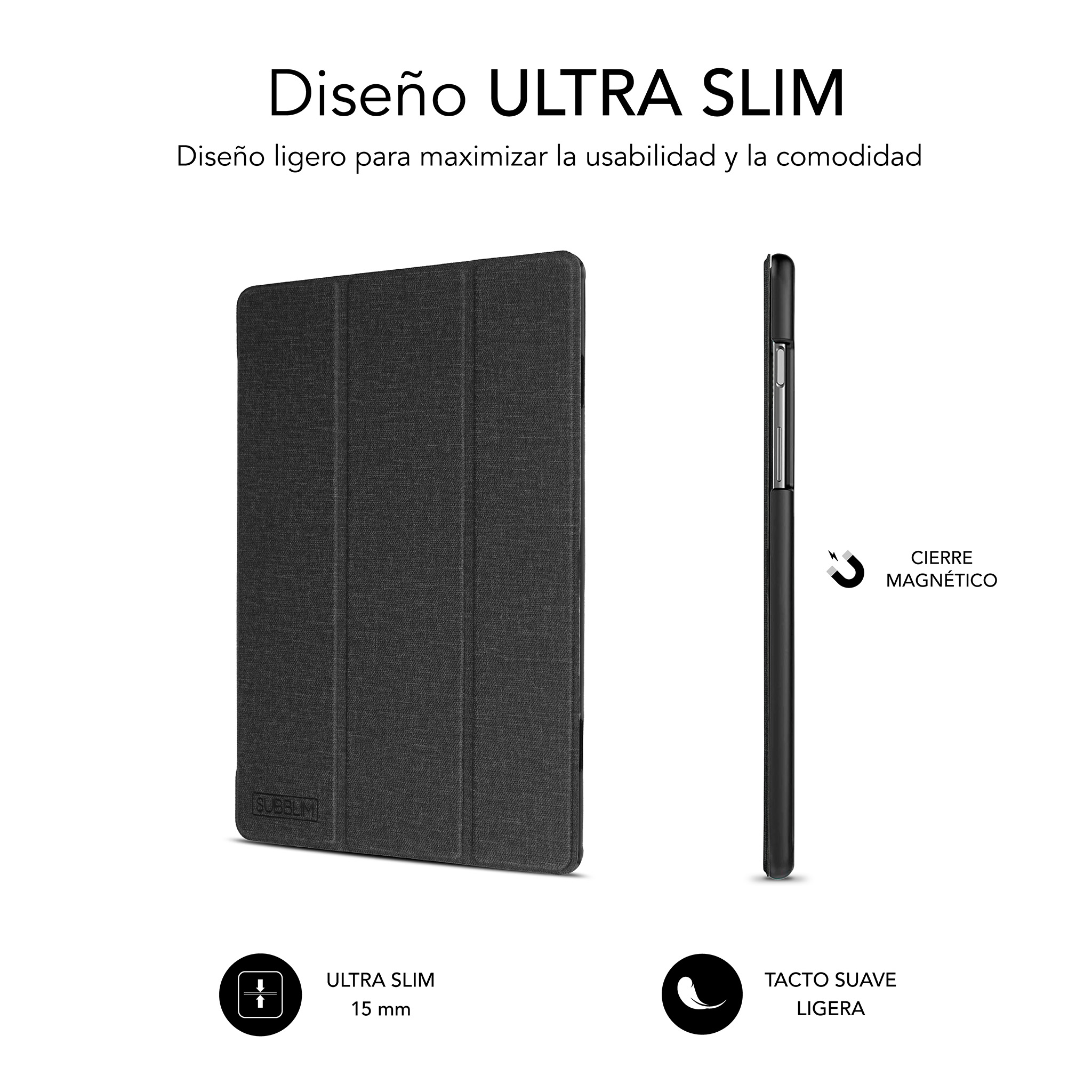Funda para tableta, cerrada y abierta, con texto.