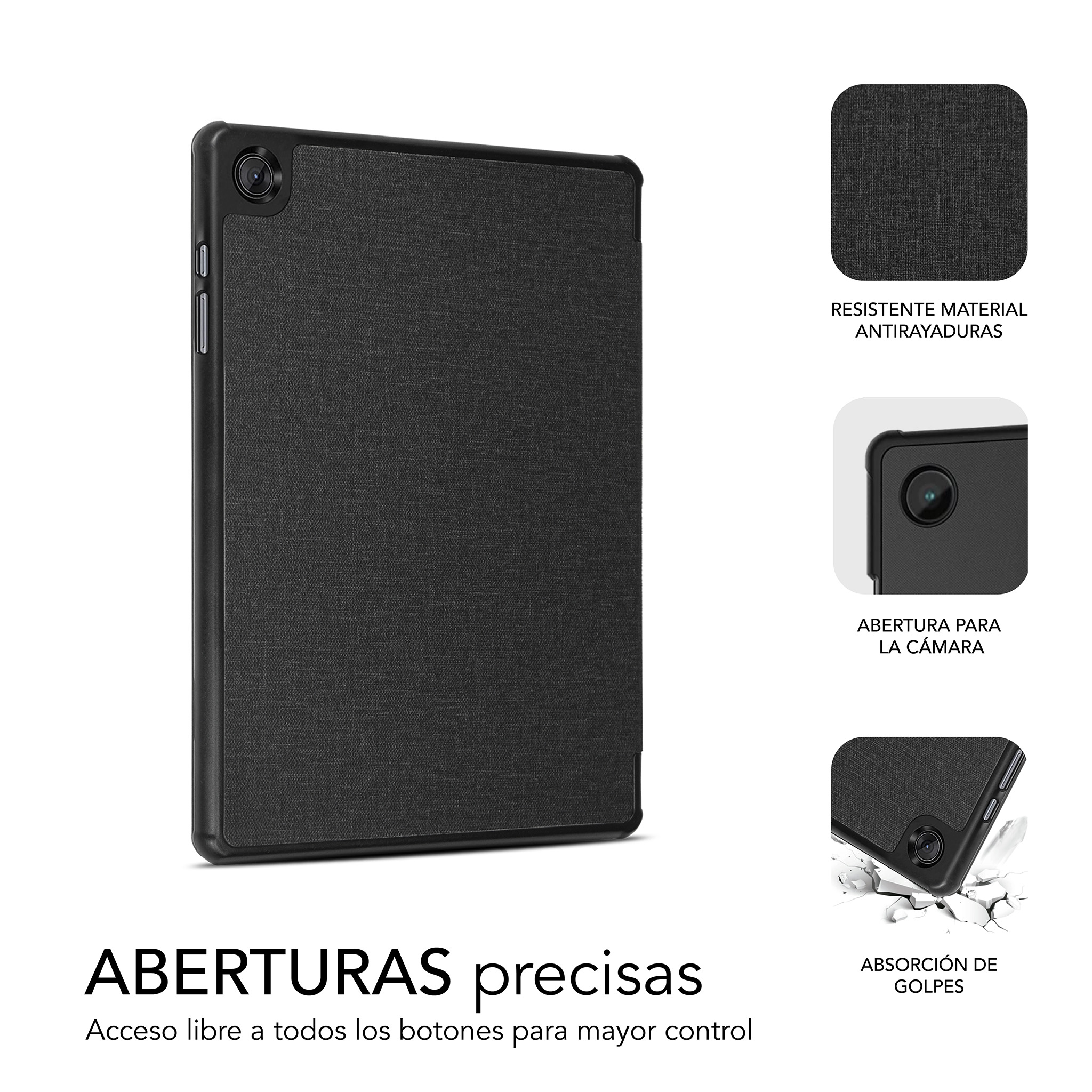 Funda negra para tableta con recortes precisos para cámara y botones, primer plano.