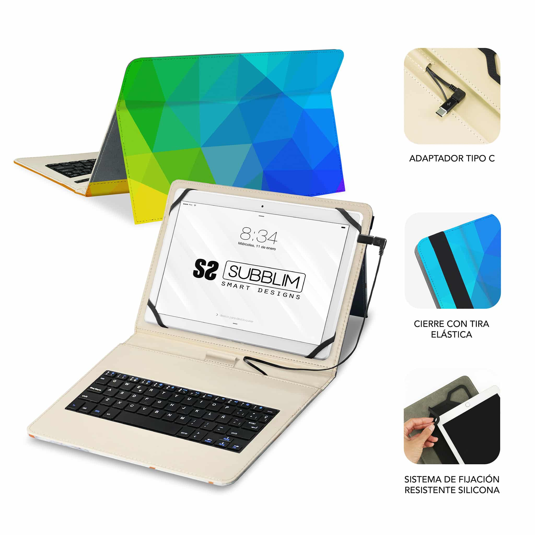 Funda con teclado para tablet, abierta mostrando la tablet, teclado y accesorios, y un diseño colorido.