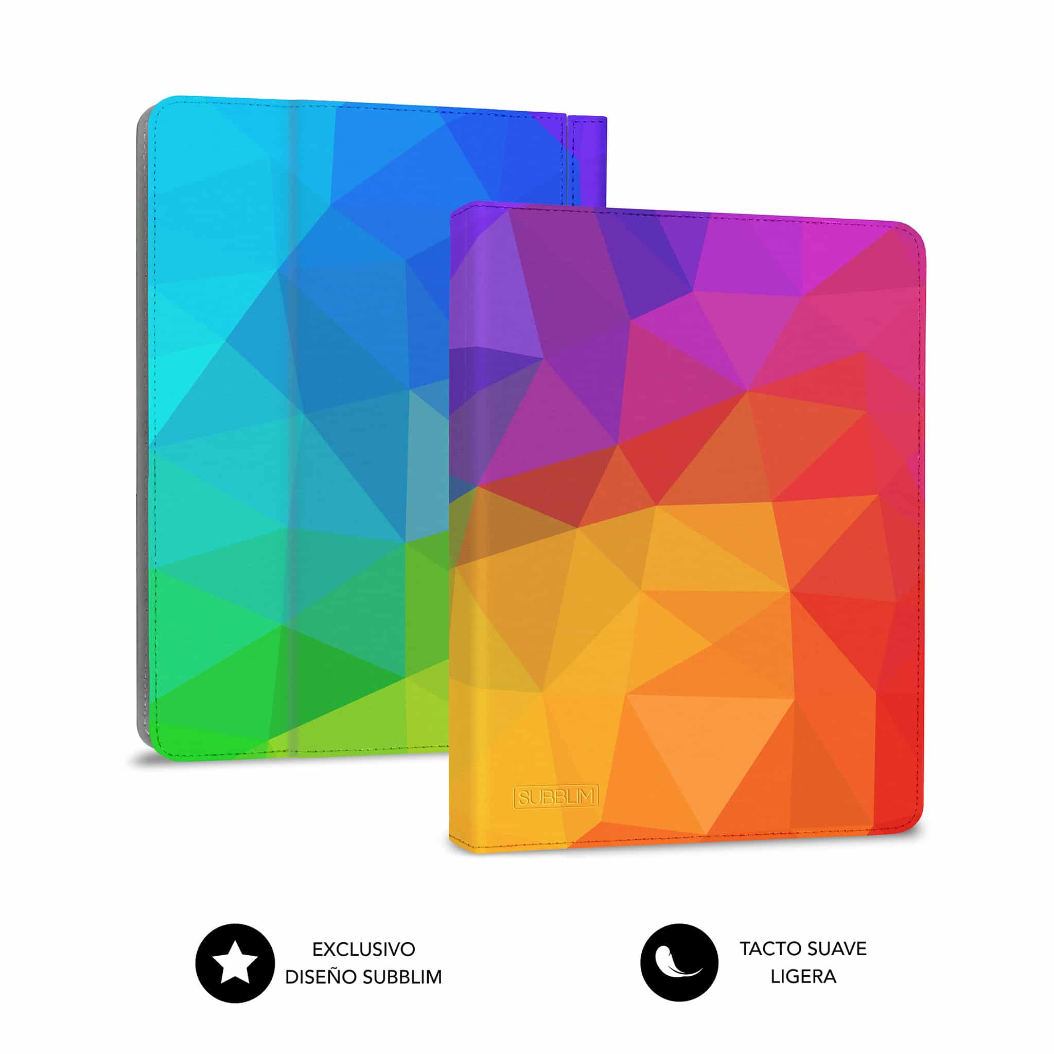 Dos fundas para tablet, una azul y otra naranja con patrones geométricos.