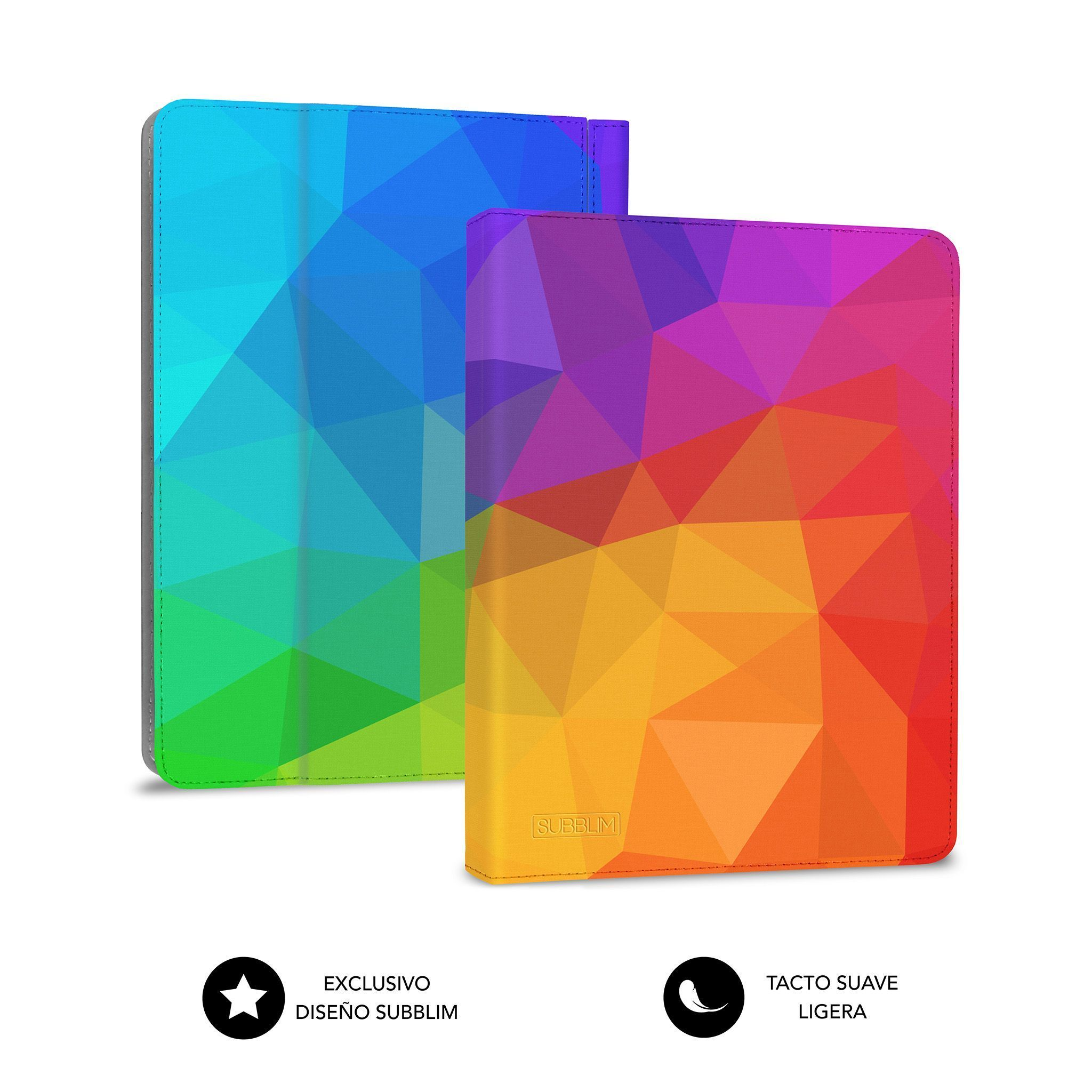 Dos fundas para tabletas, una abierta, que muestran diseños geométricos en colores vibrantes, con texto.