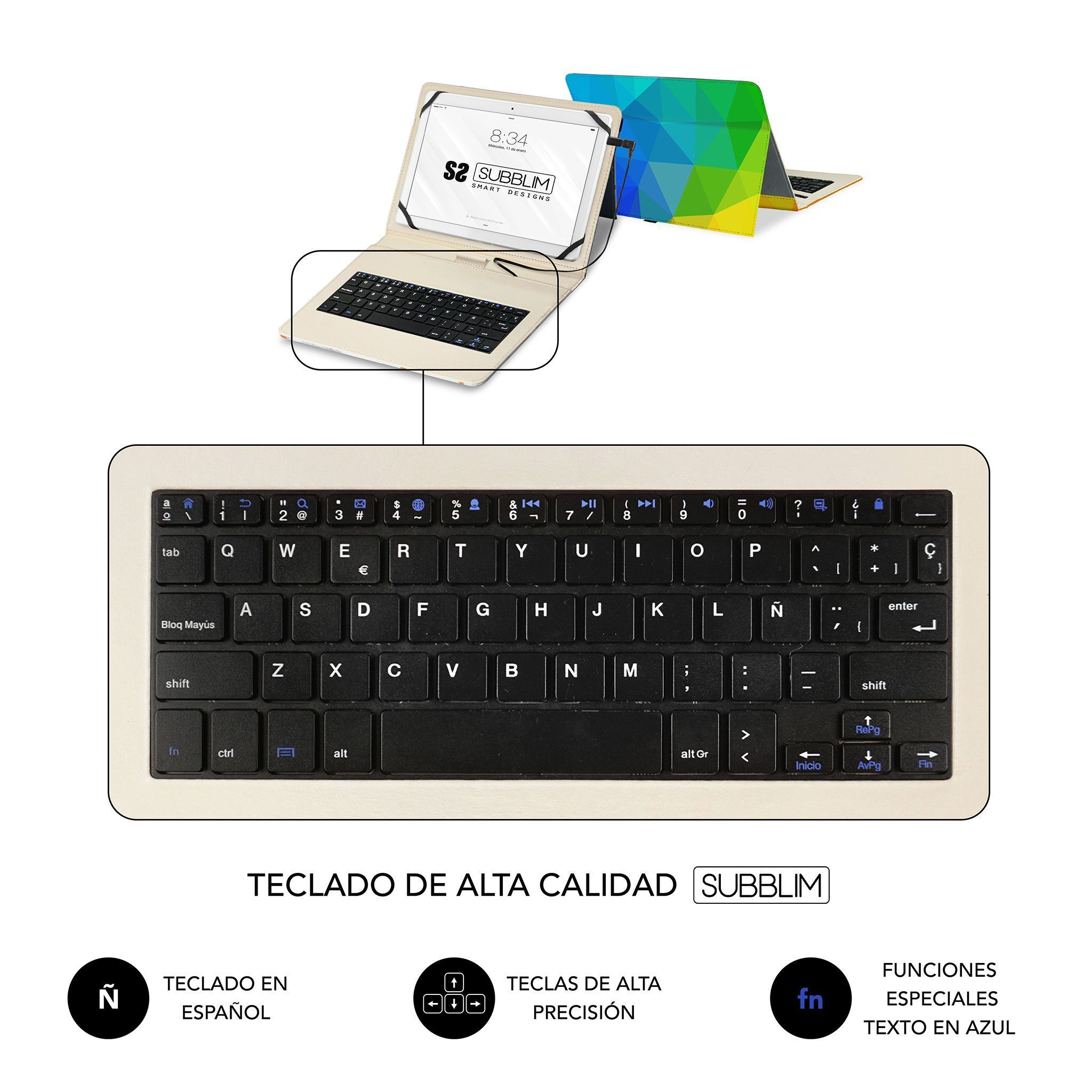 Un teclado beige con teclas negras. Tiene una tableta encima mostrando la pantalla.