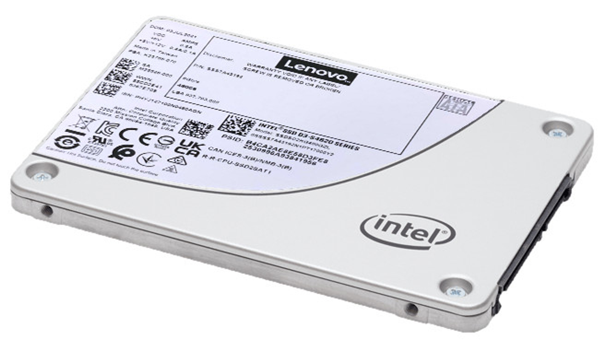 SSD Lenovo argento con connettore nero ed etichetta. Loghi Lenovo e Intel.