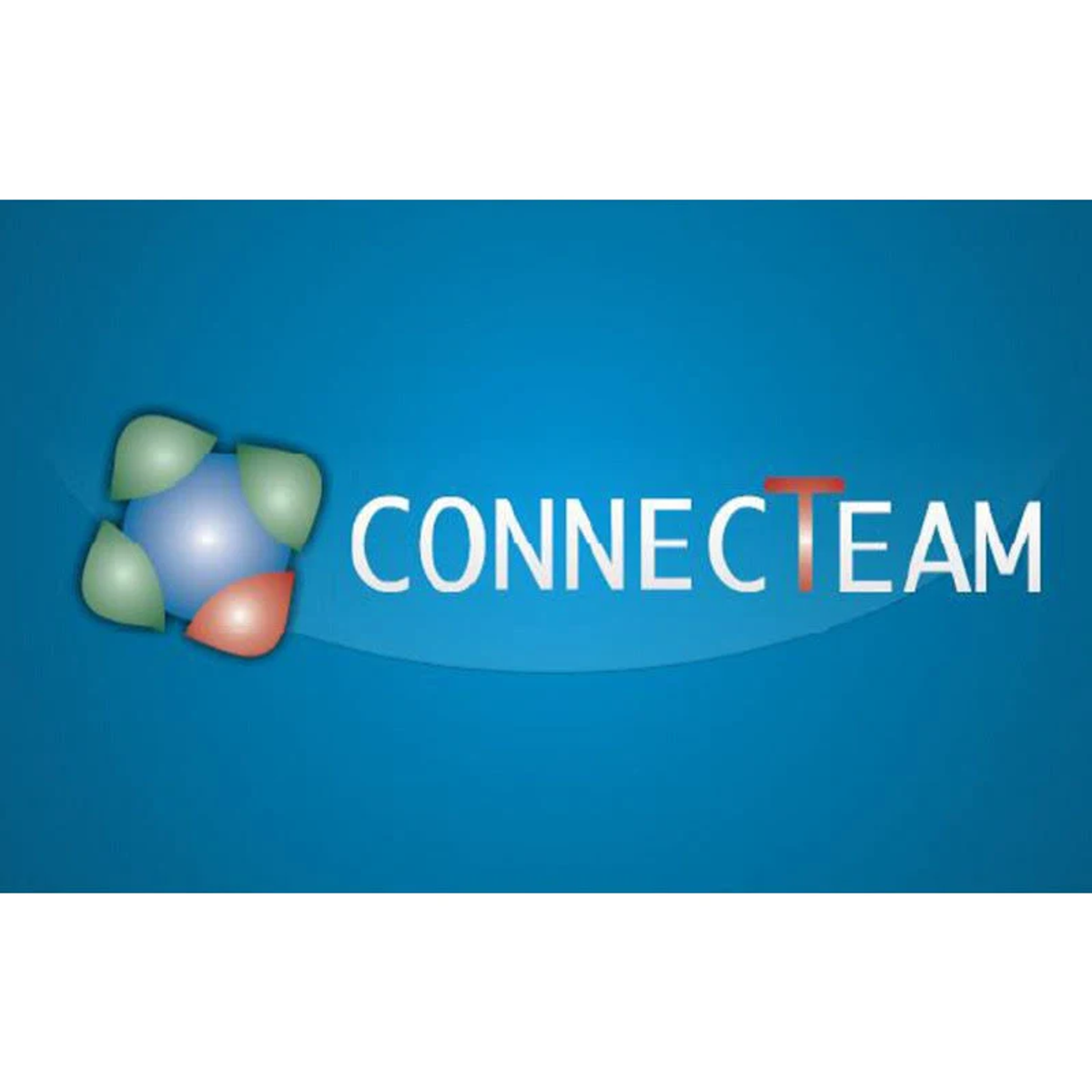 Logo ConnecTeam na niebieskim tle gradientowym, z tekstem i abstrakcyjnym wzorem.