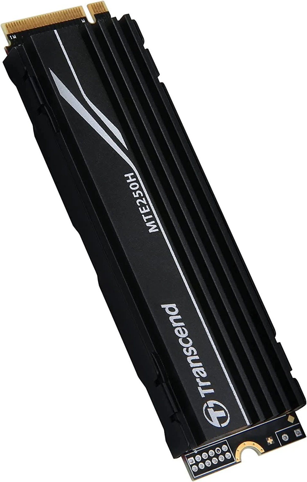 Czarny dysk SSD M.2 oznaczony jako MTE250H i Transcend, ze srebrnym paskiem.