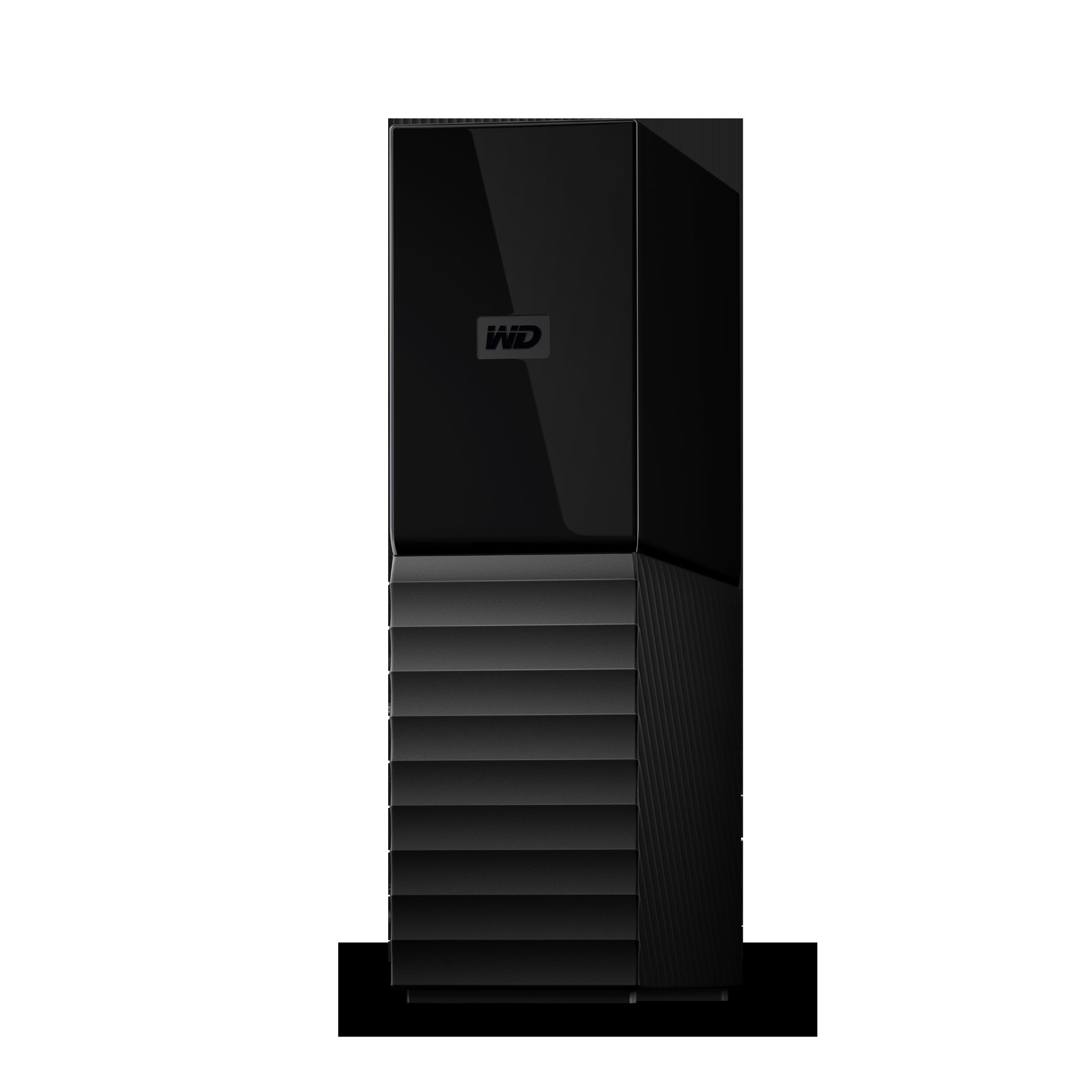 Czarny zewnętrzny dysk twardy WD. Ma teksturowany przód i błyszczącą górę.