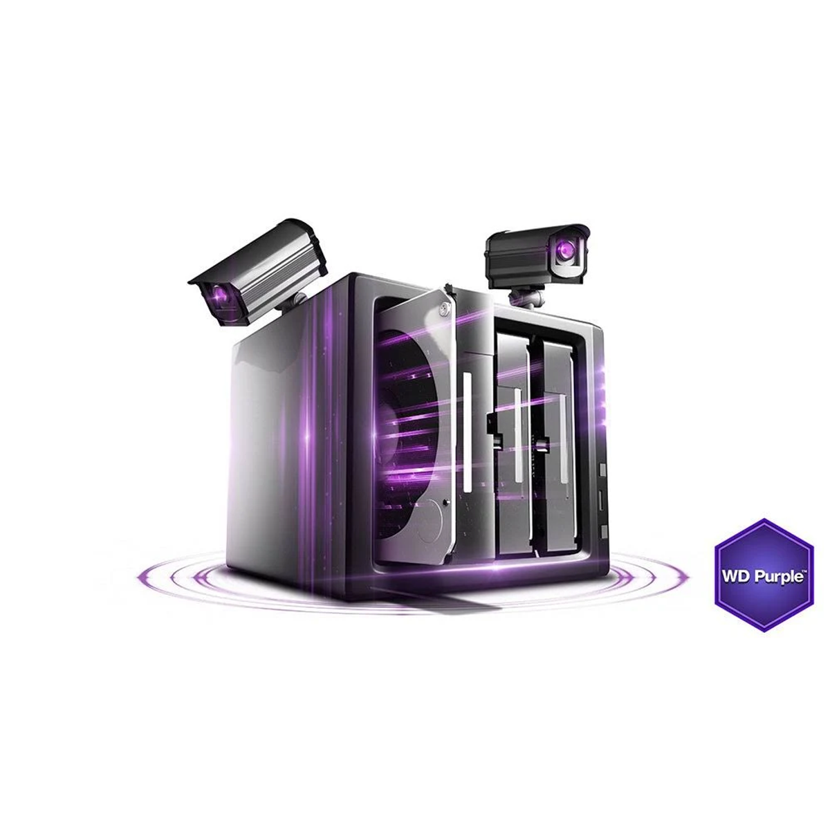 Silberner Computerserver mit zwei schwarzen Überwachungskameras, WD Purple Logo.