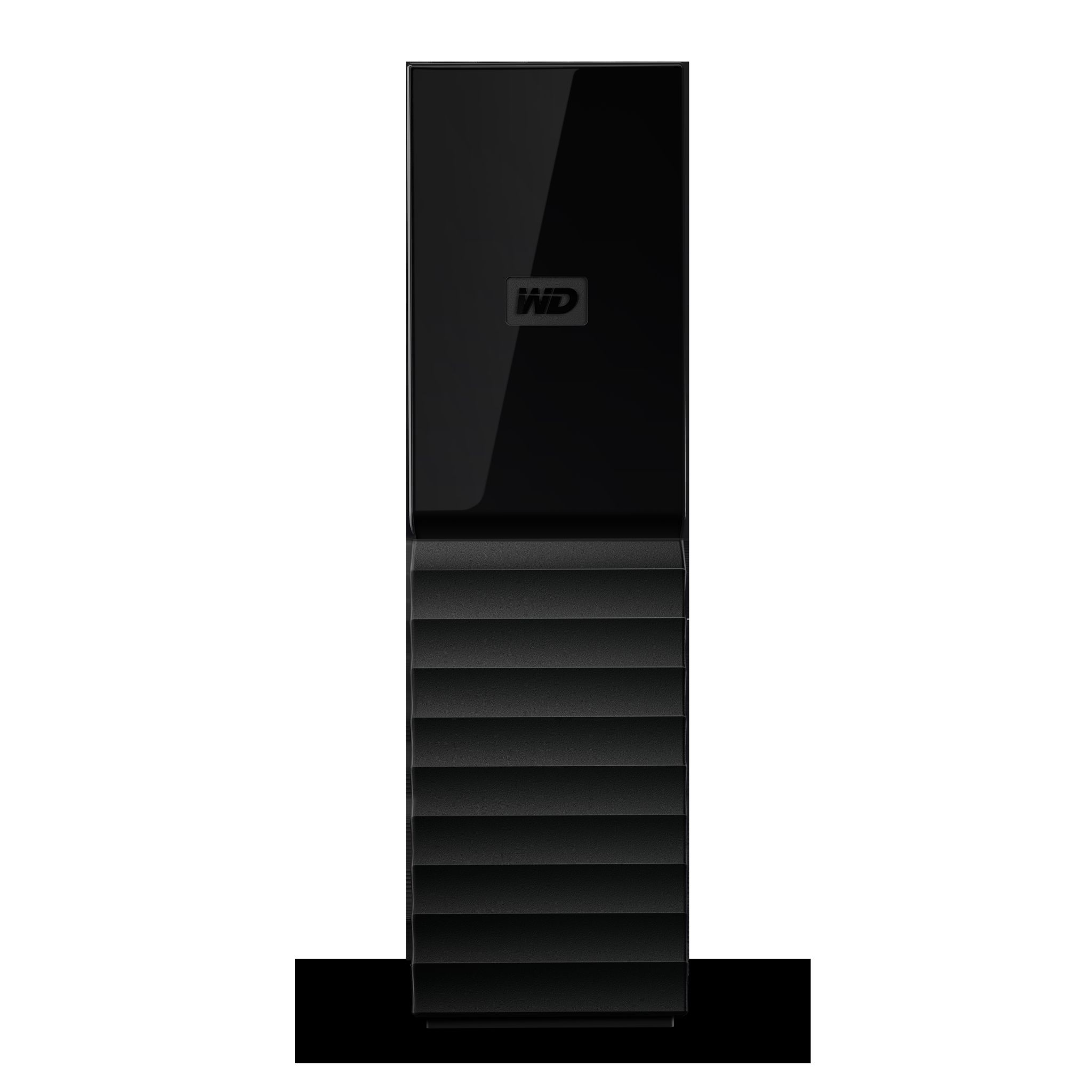 Czarny zewnętrzny dysk twardy o pionowej konstrukcji, na białym tle.