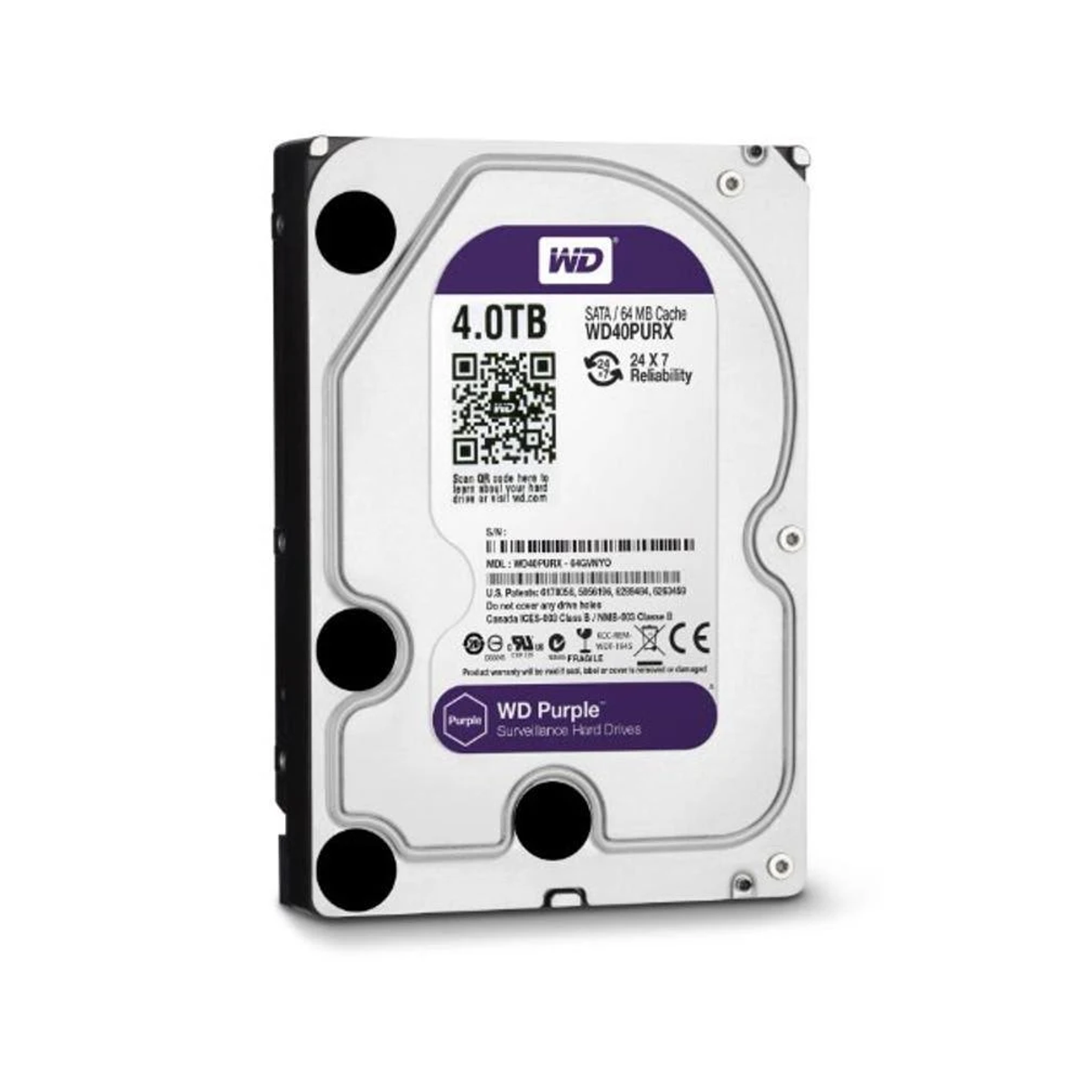 Disco rigido WD Purple da 4,0 TB. Etichetta bianca con dettagli. Involucro nero, etichetta WD Purple. Isolato su bianco.