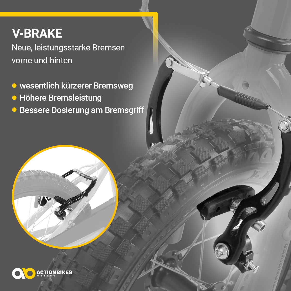 Fahrradrad mit hervorgehobenem V-Bremssystem, Betonung der Bremsleistung und Sicherheit.