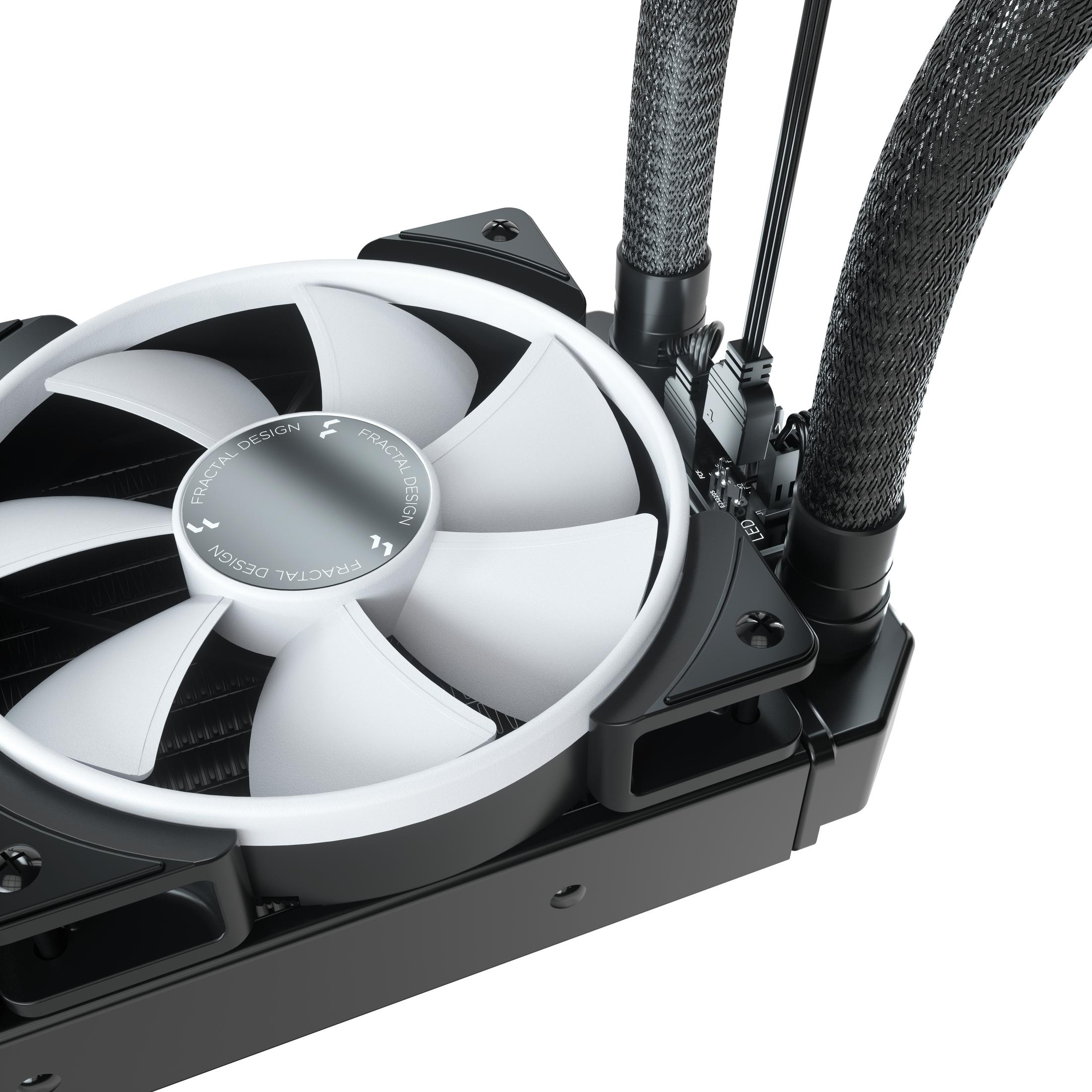 Czarno-biała chłodziarka do komputera. Widoczne białe wentylatory i czarne rurki.