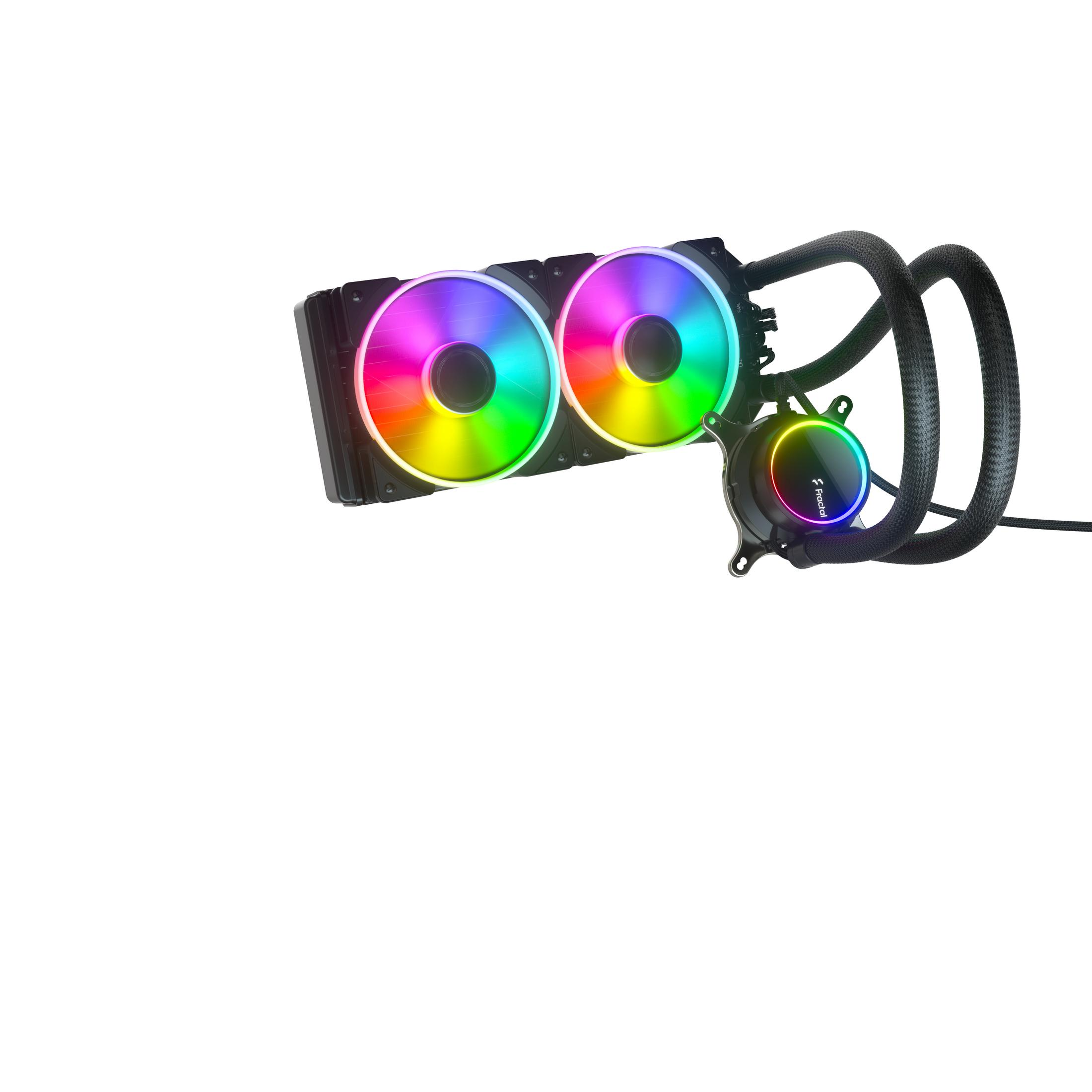 Chłodzenie cieczą do PC z dwoma wentylatorami i tęczowymi diodami LED, czarnymi rurkami i okrągłą pompą.