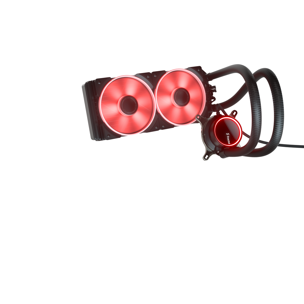 Chłodzenie cieczą do komputera z dwoma czerwonymi wentylatorami. Czarne węże i okrągła pompa.