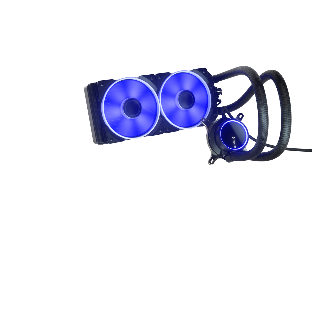 System chłodzenia komputera z dwoma wentylatorami i pompą. Niebieskie diody LED na wentylatorach.
