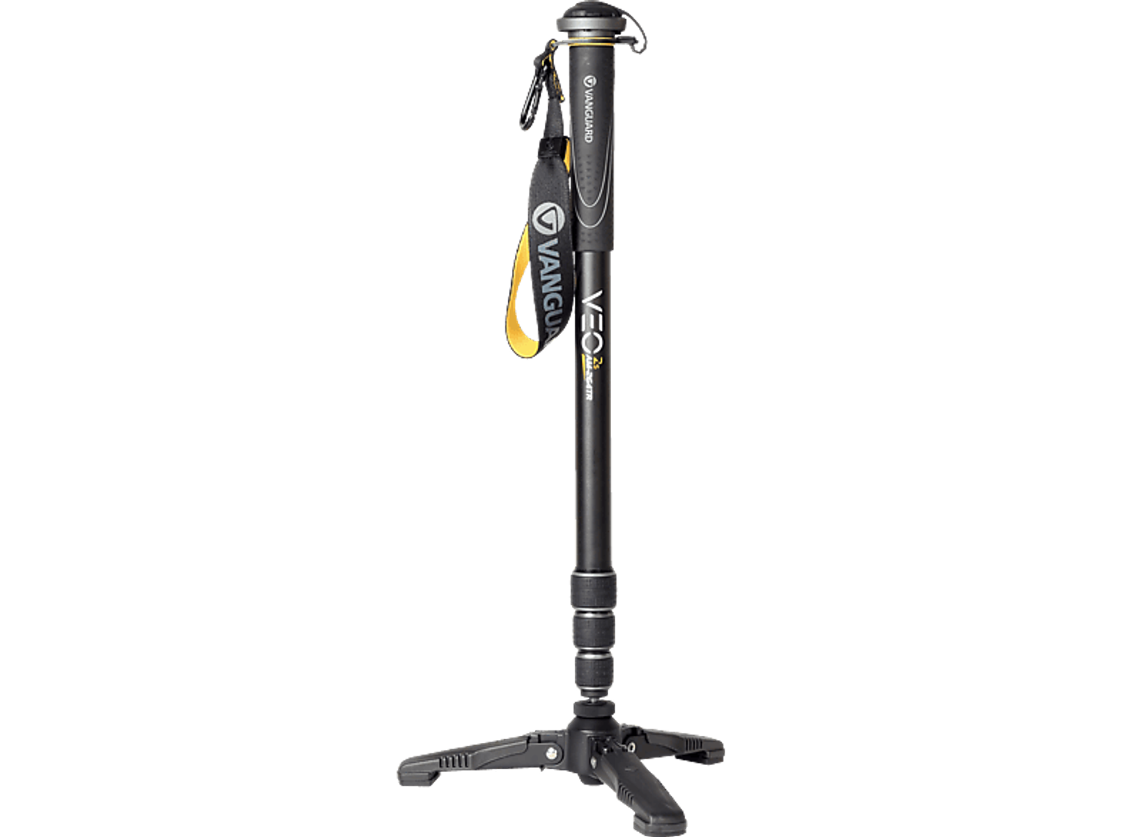 Treppiede Vanguard VEO 3+ nero e argento su sfondo nero. Cinturino giallo con logo attaccato.