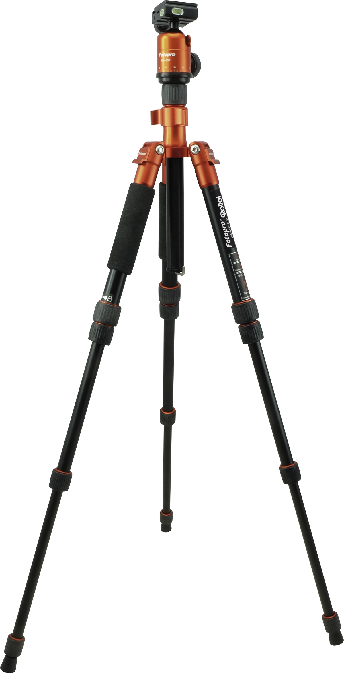 Pomarańczowo-czarny statyw z głowicą kamery na białym tle.