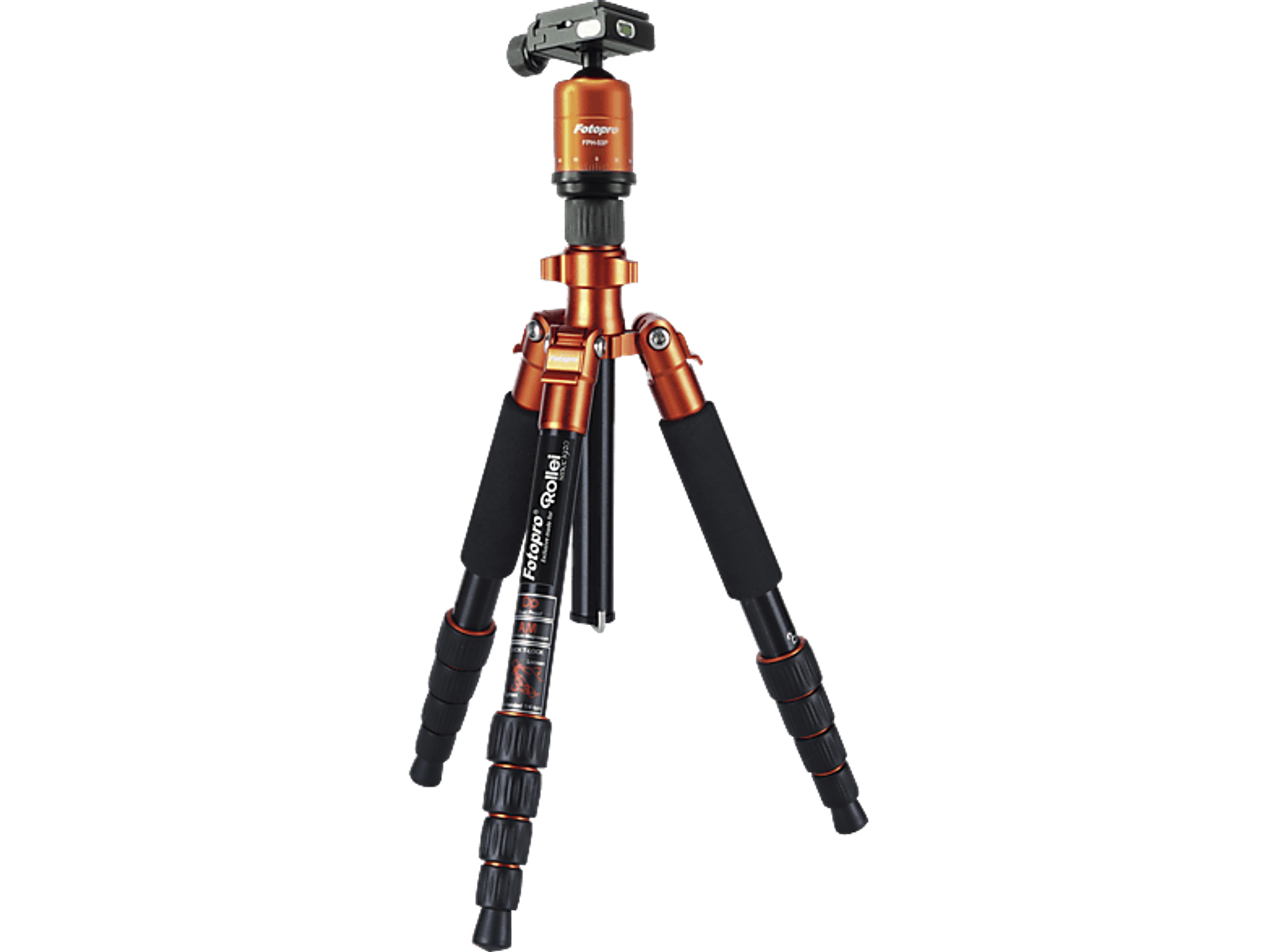 Pomarańczowy statyw z czarnymi nogami i głowicą kamery, na czarnym tle.