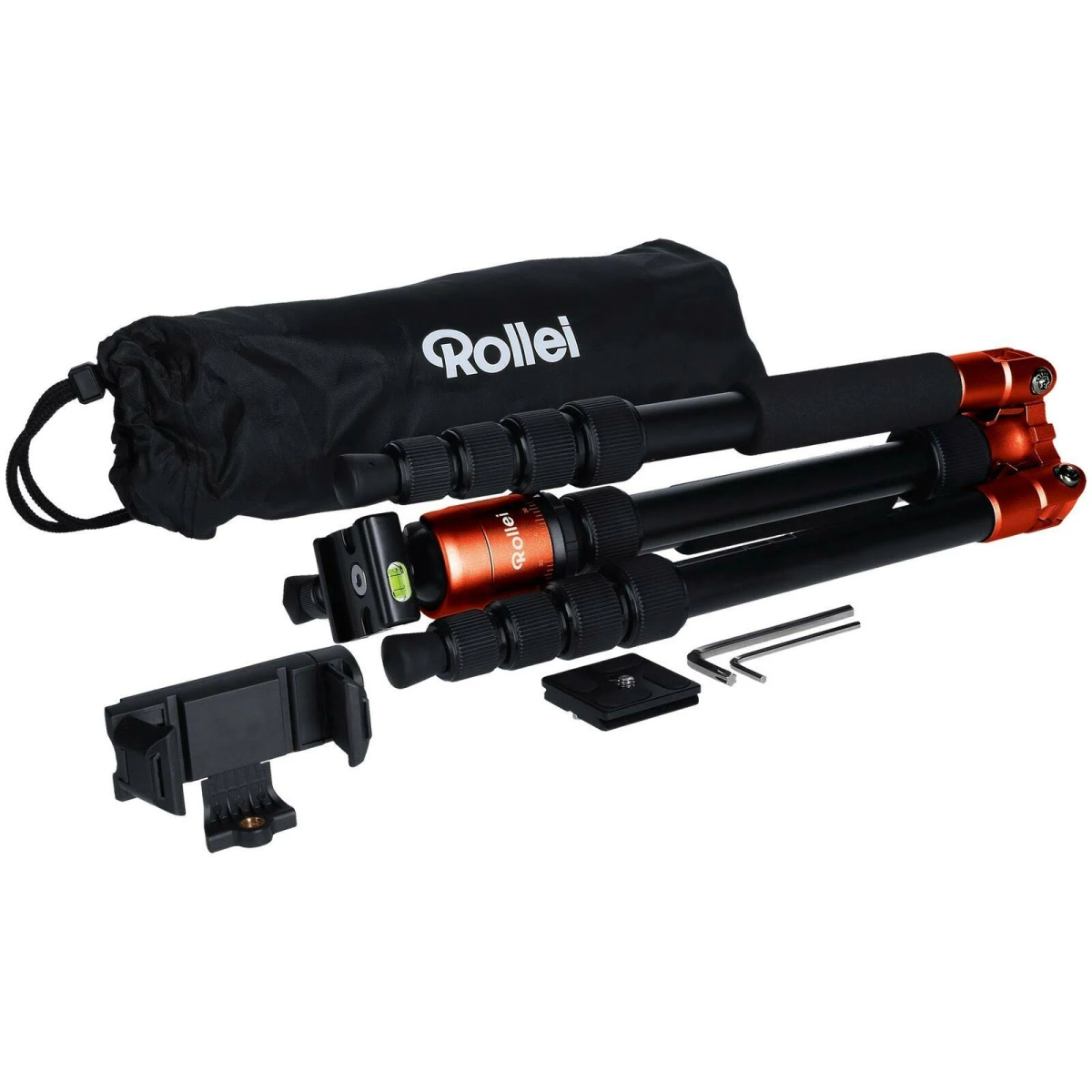 Rollei-Stativ mit schwarzer Tasche, orangefarbenen Akzenten und Telefonhalter, alles auf weißem Grund.