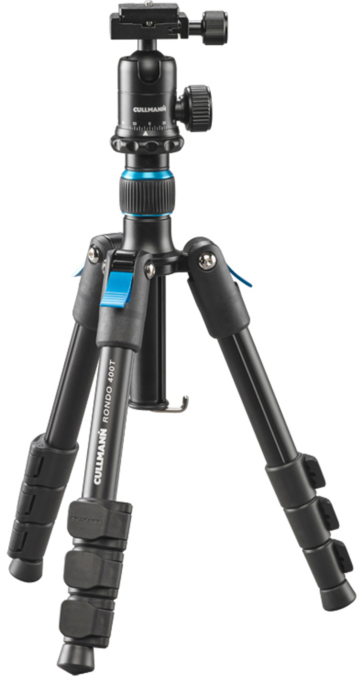 Trípode negro con detalles azules y rótula. Modelo Cullmann Rondo 400T.