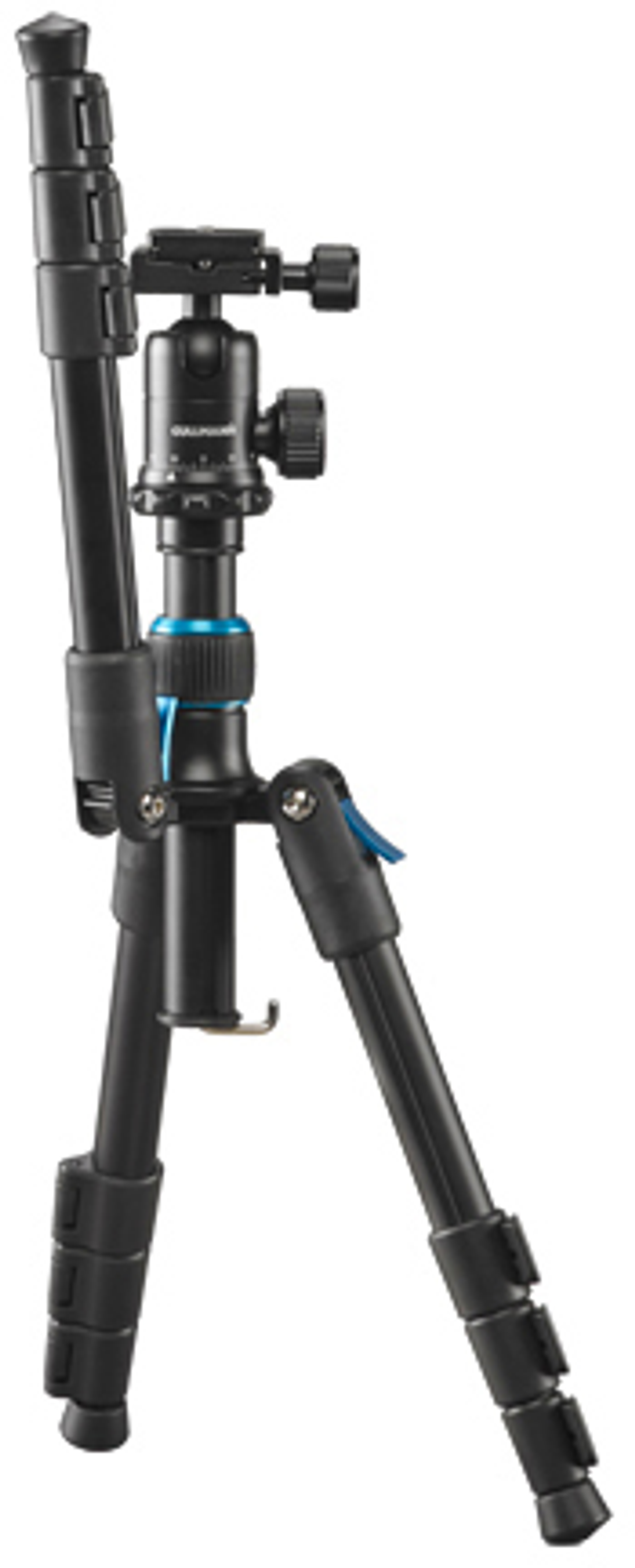 Trípode negro con detalles azules, completamente extendido, listo para usar.