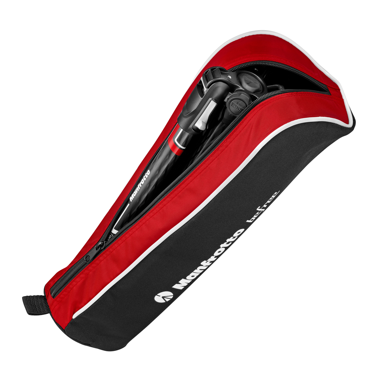 Eine rote und schwarze Kameratasche mit weißem Manfrotto-Logo auf weißem Hintergrund.