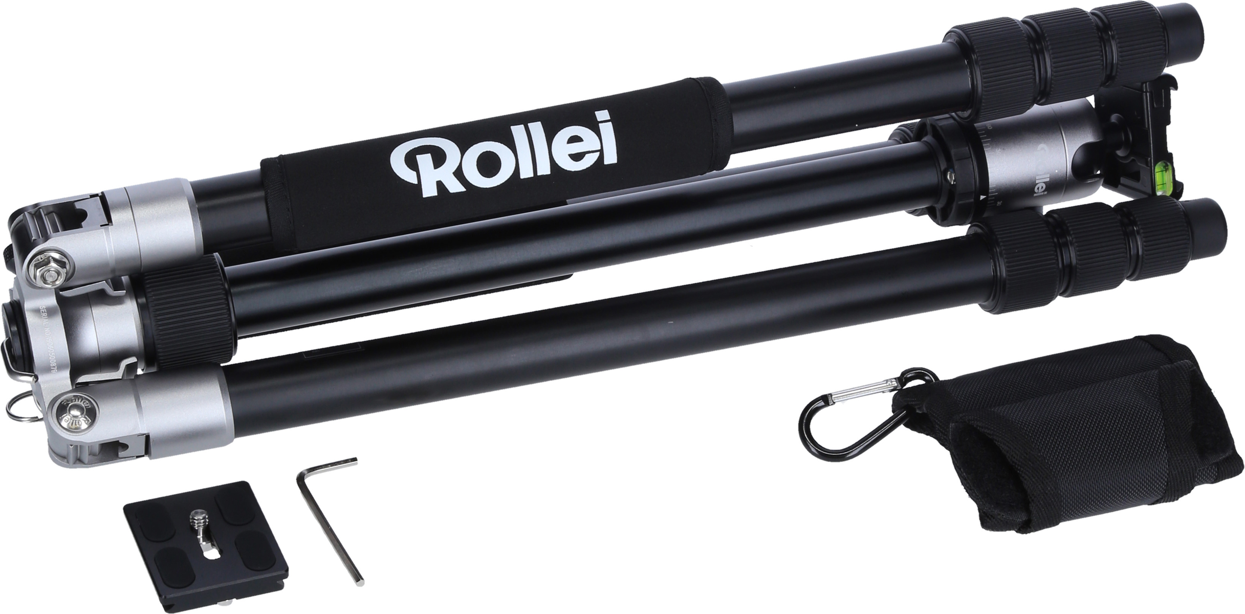 Statyw z czarnymi i srebrnymi nogami i czarną głowicą. W zestawie torba transportowa i narzędzia.