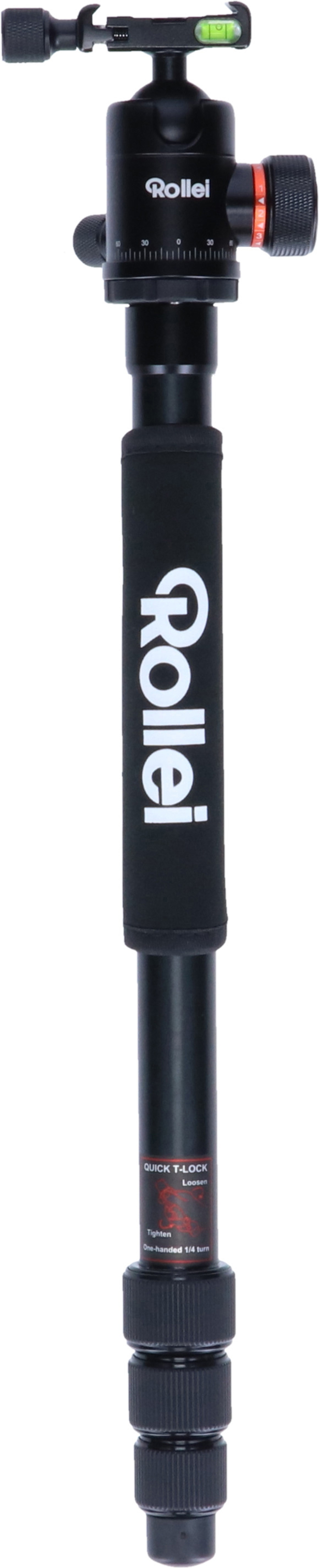 Czarny statyw z czerwonym logo. Jest rozłożony i ma poziomicę.