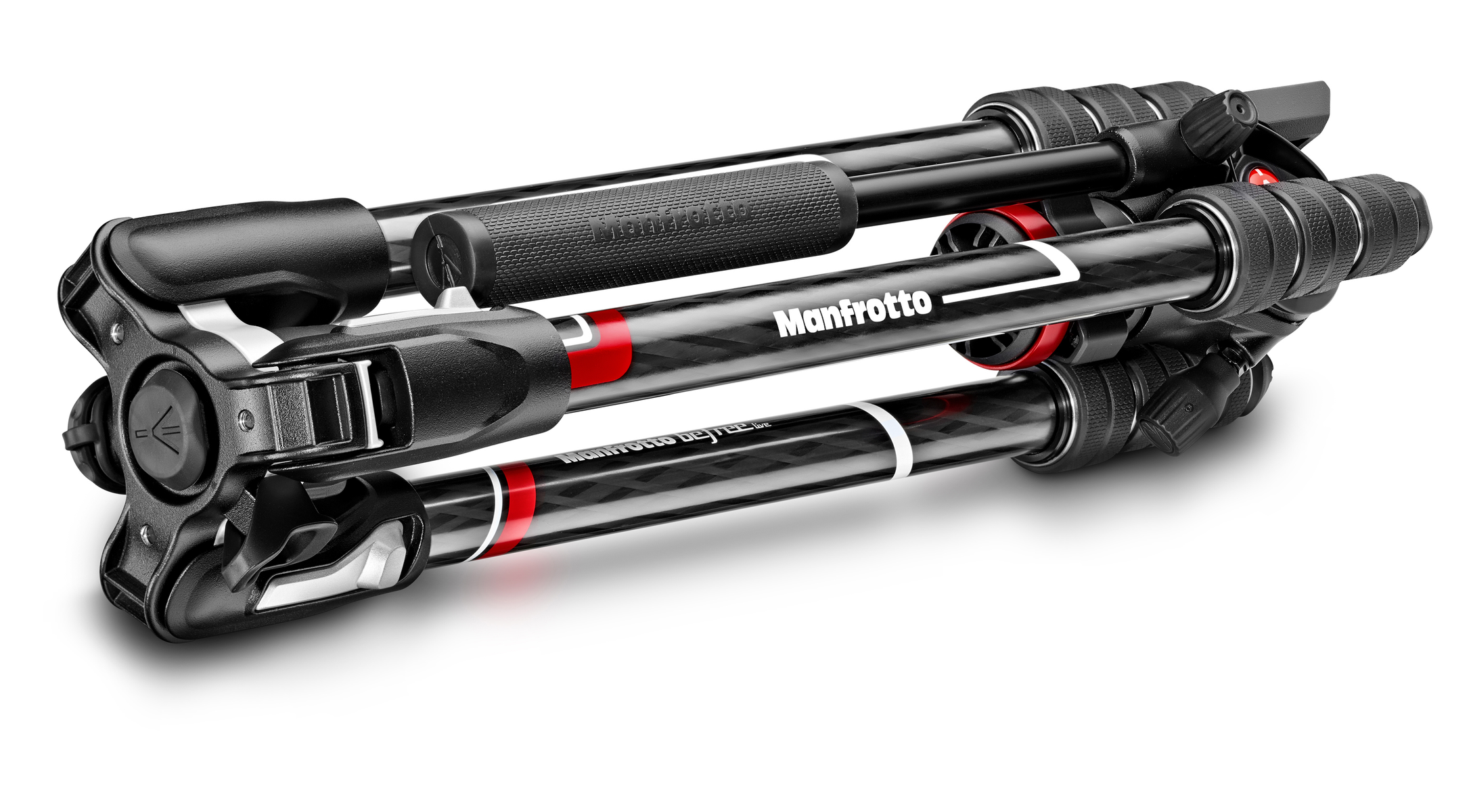 Trípode Manfrotto negro plegado, que muestra patas con detalles rojos y marca.