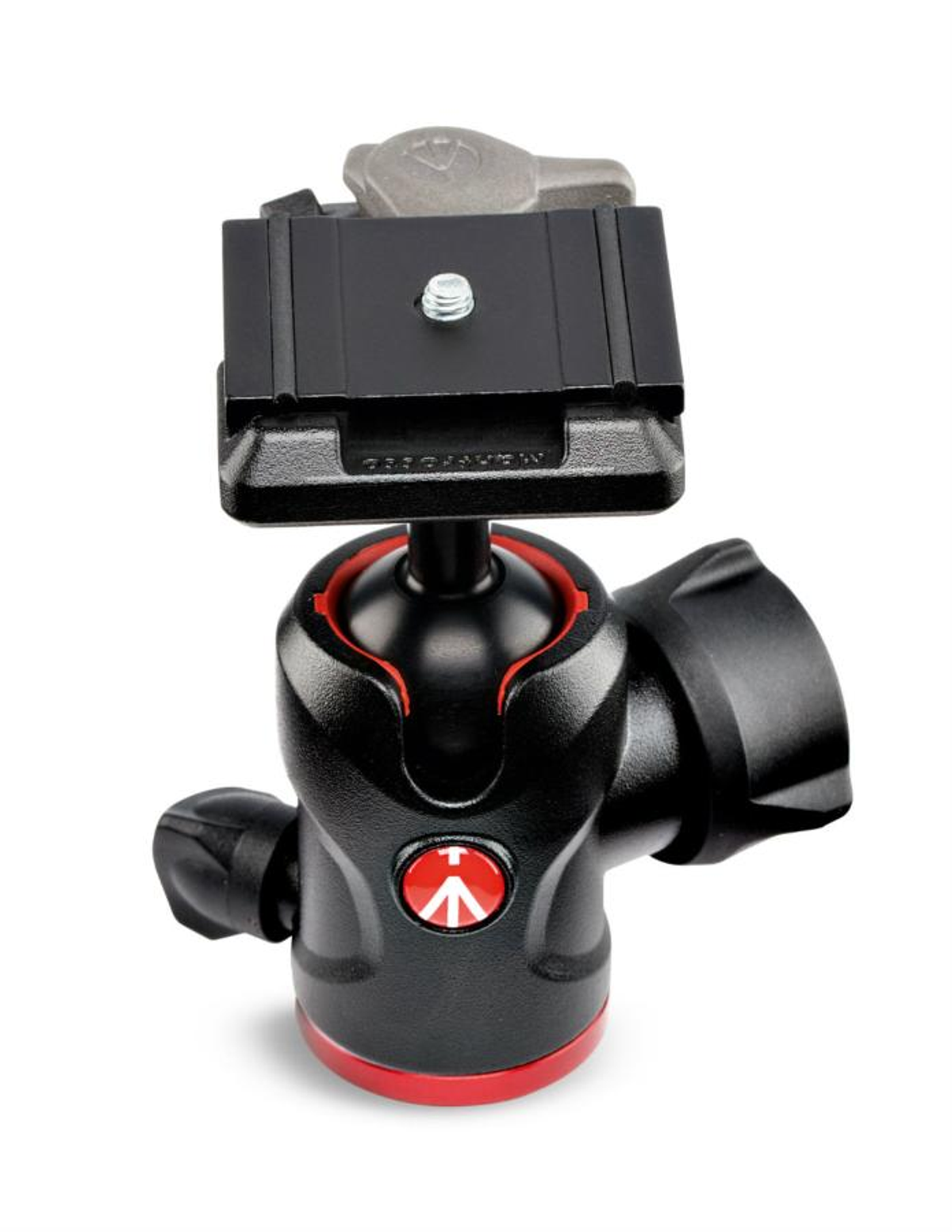 Cabezal de trípode negro con detalles rojos. El logotipo de Manfrotto es visible. Fondo blanco.