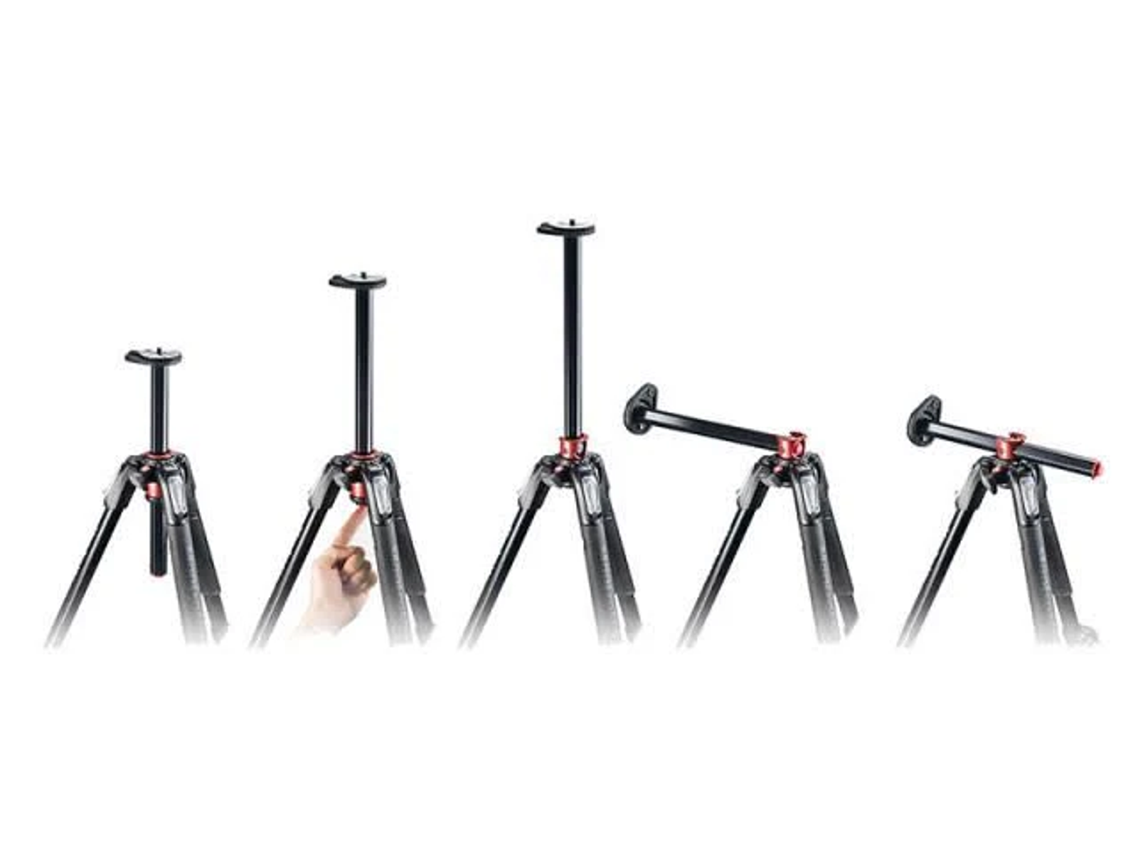 Sekwencja czterech statywów z wysuwającymi się i regulowanymi nogami. Ręka wchodzi w interakcję z jednym.