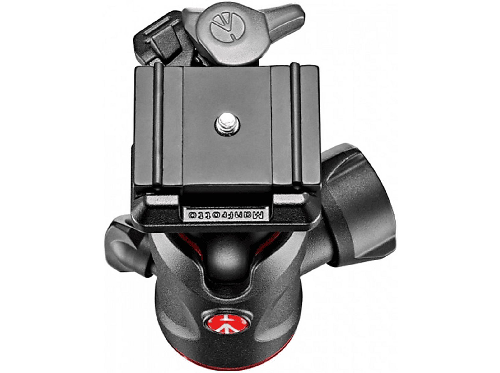Ein Stativkopf, von oben gesehen, ist schwarz und grau. Das Manfrotto-Logo ist sichtbar.