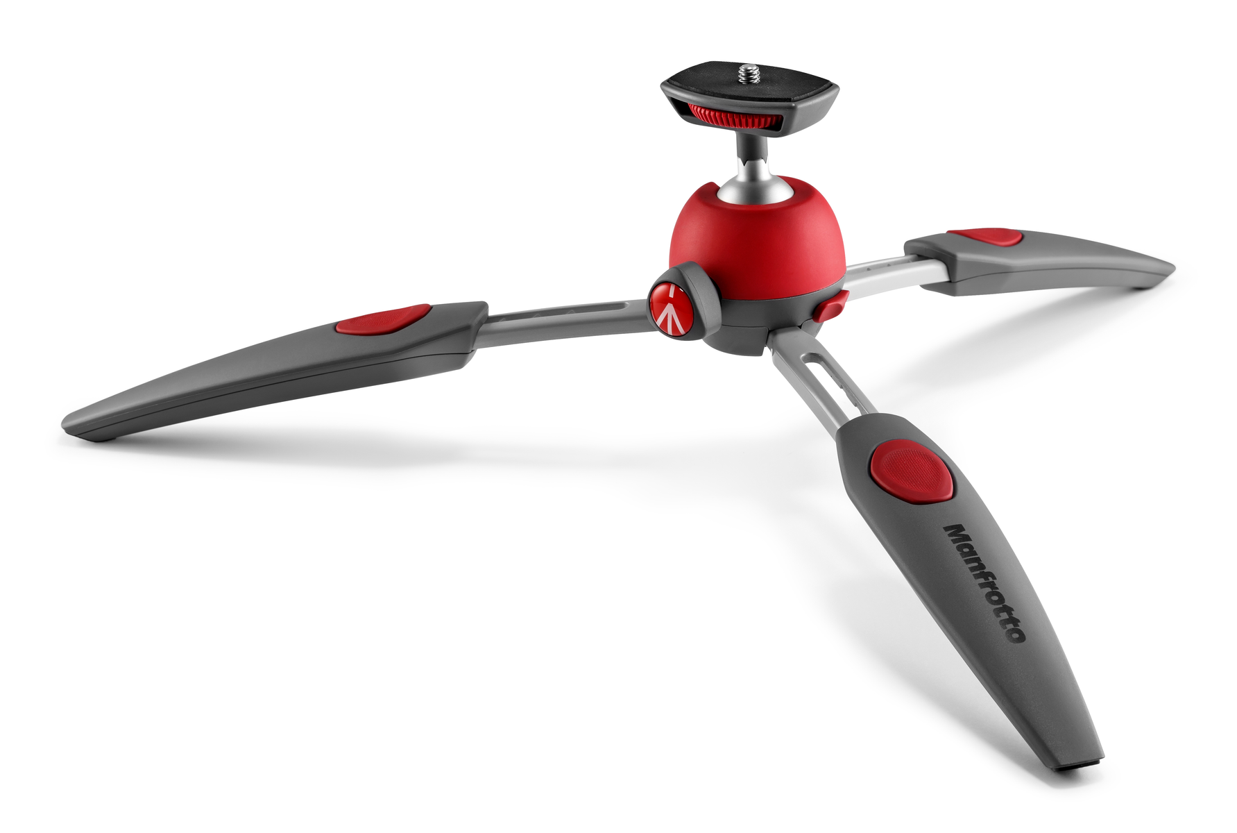 Czerwony i szary statyw. Trzy nogi rozchodzą się na zewnątrz. Czerwone akcenty na głowicy.