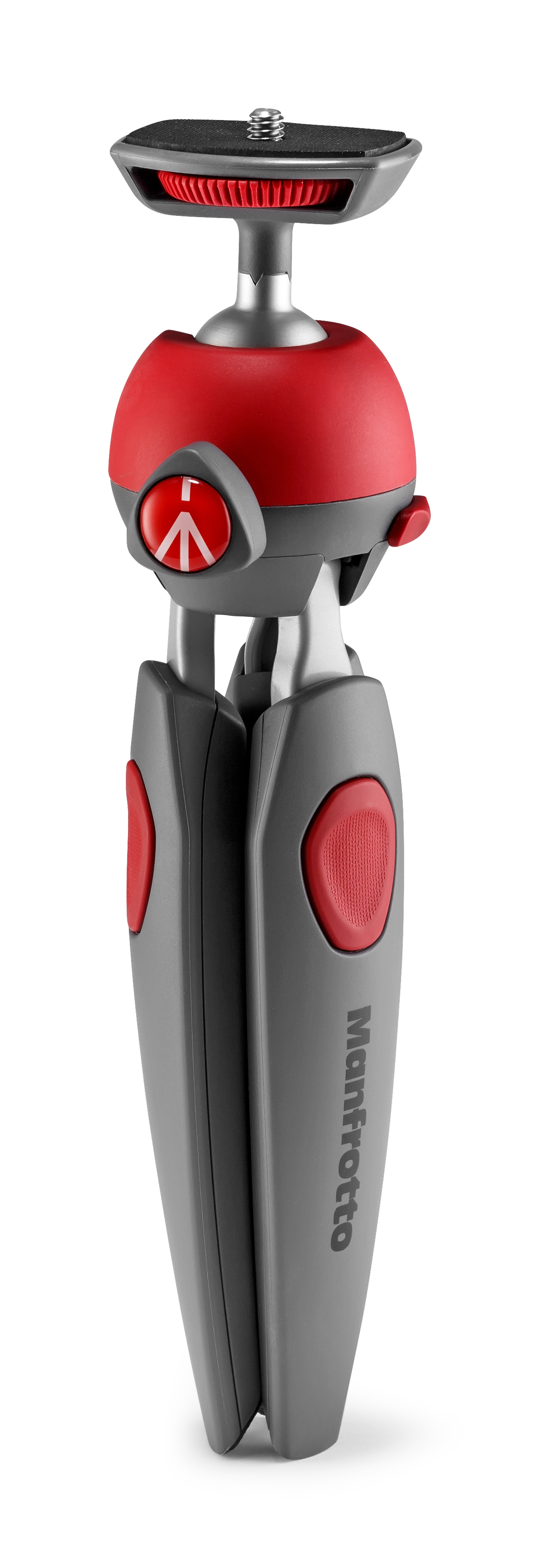 Mały czerwono-szary statyw. Czerwona głowica kulowa, szare nogi, które się składają. Białe tło.