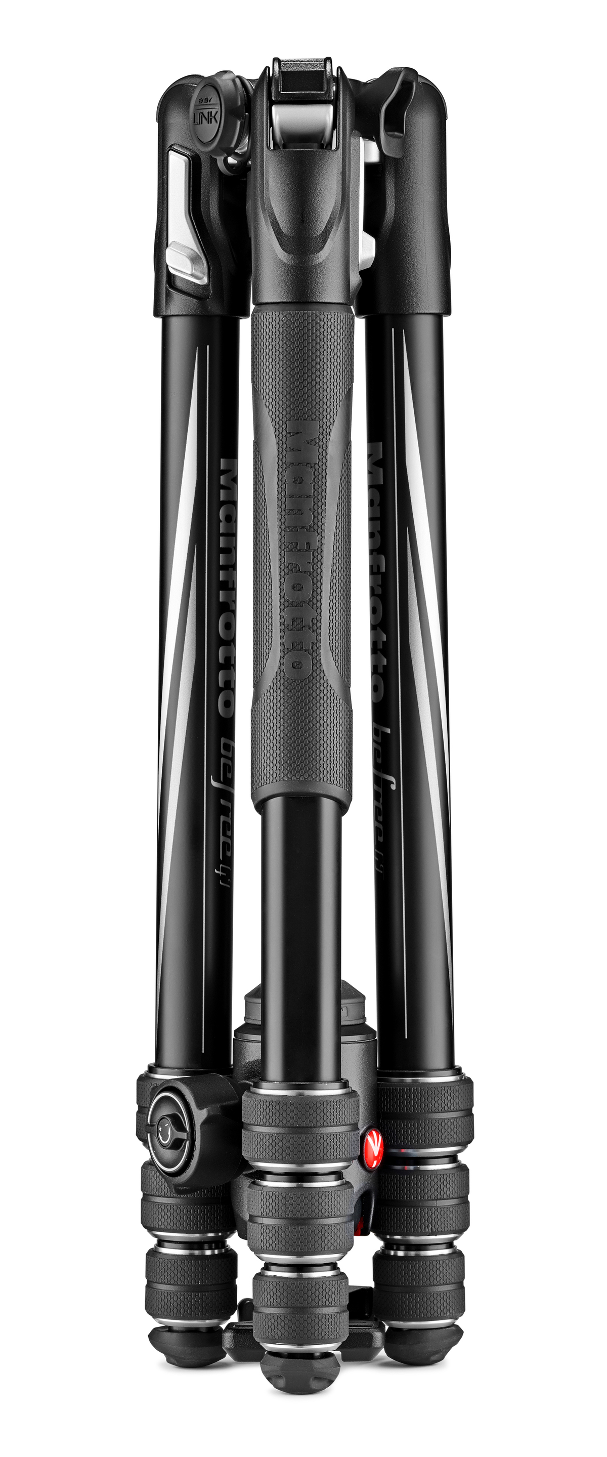 Złożony czarny statyw z szarymi akcentami i nazwą marki 'Manfrotto'.