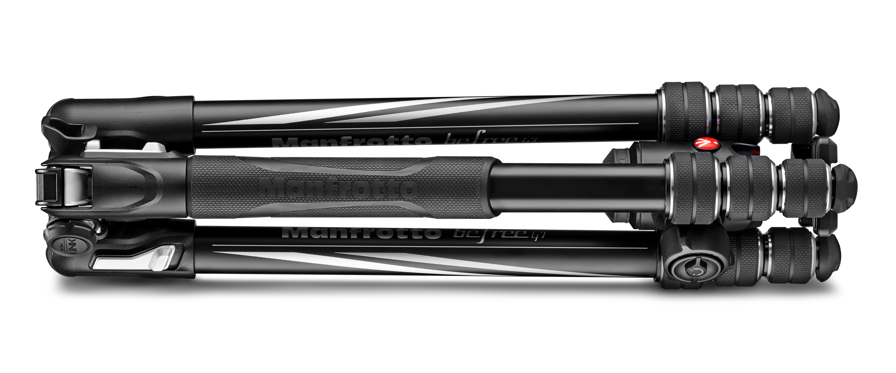 Czarny złożony statyw. Ma trzy nogi, każda z czarnymi i srebrnymi sekcjami. Widoczne logo 'Manfrotto befree'.