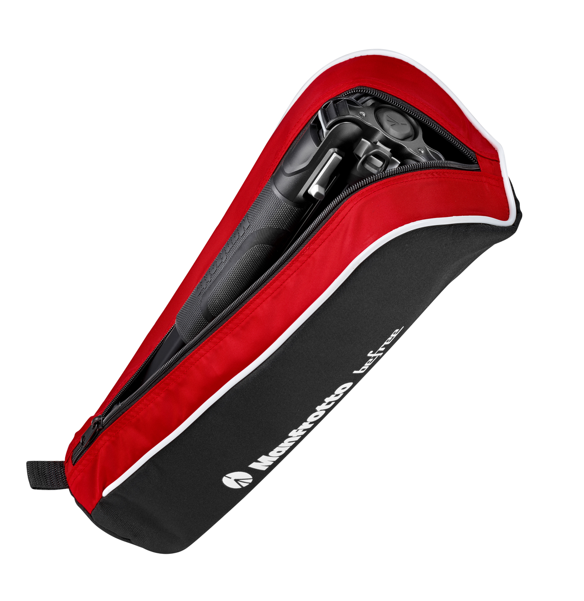 Czerwono-czarny pokrowiec na statyw z zamkiem błyskawicznym, zawierający statyw.