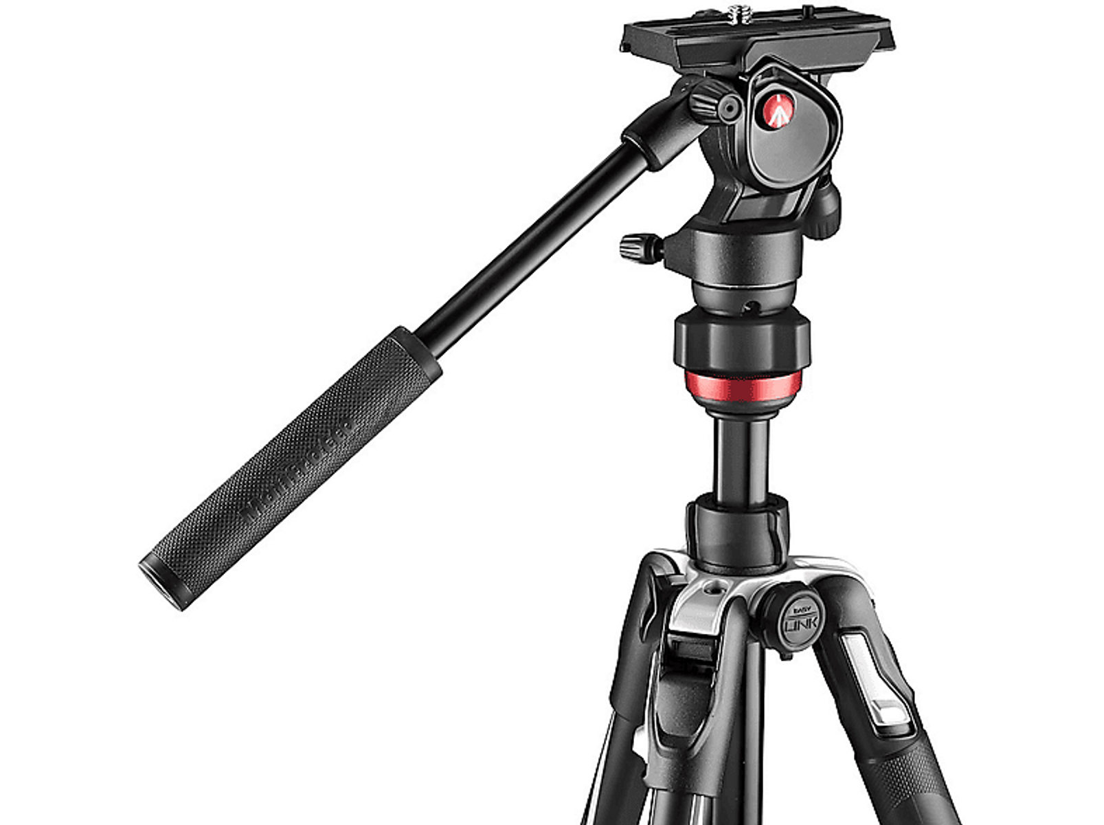 Czarny statyw z głowicą kamery. Głowica ma czerwony pierścień i czarny uchwyt.