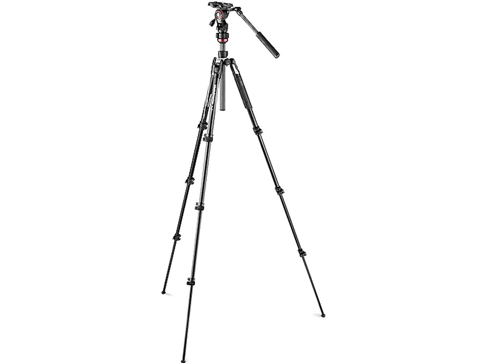 Czarny statyw z nogami skierowanymi na zewnątrz, z głowicą i uchwytem.