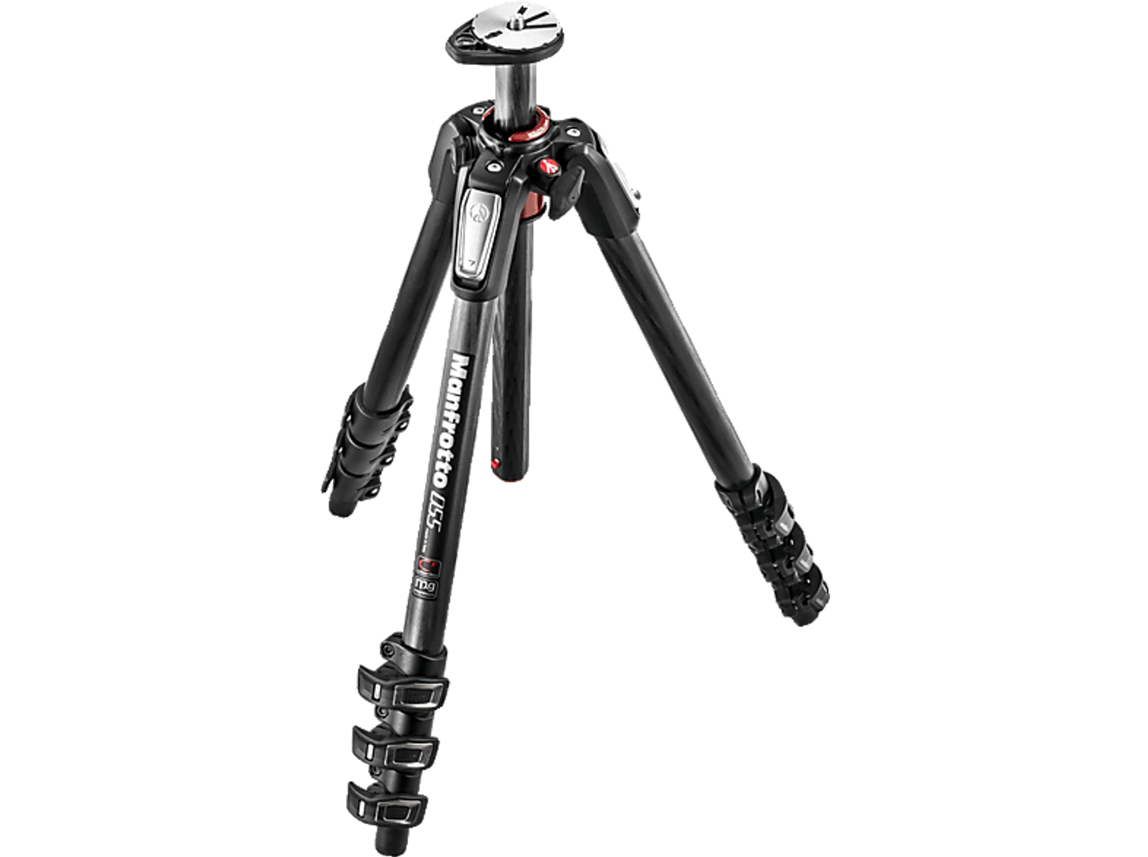 Un trípode negro sobre un fondo negro. Tiene tres patas y está etiquetado como 'Manfrotto 055'.