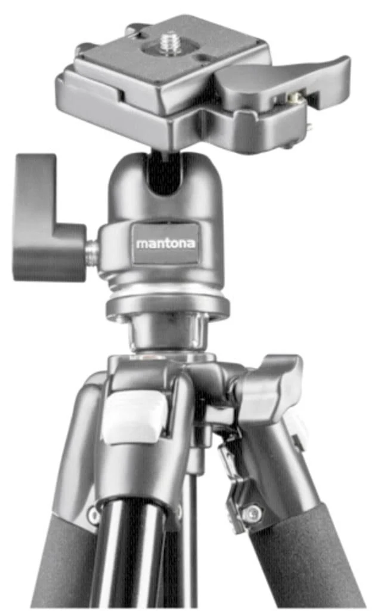 Metalowa głowica statywu, z czarnym uchwytem. Jest zamontowana na statywie.