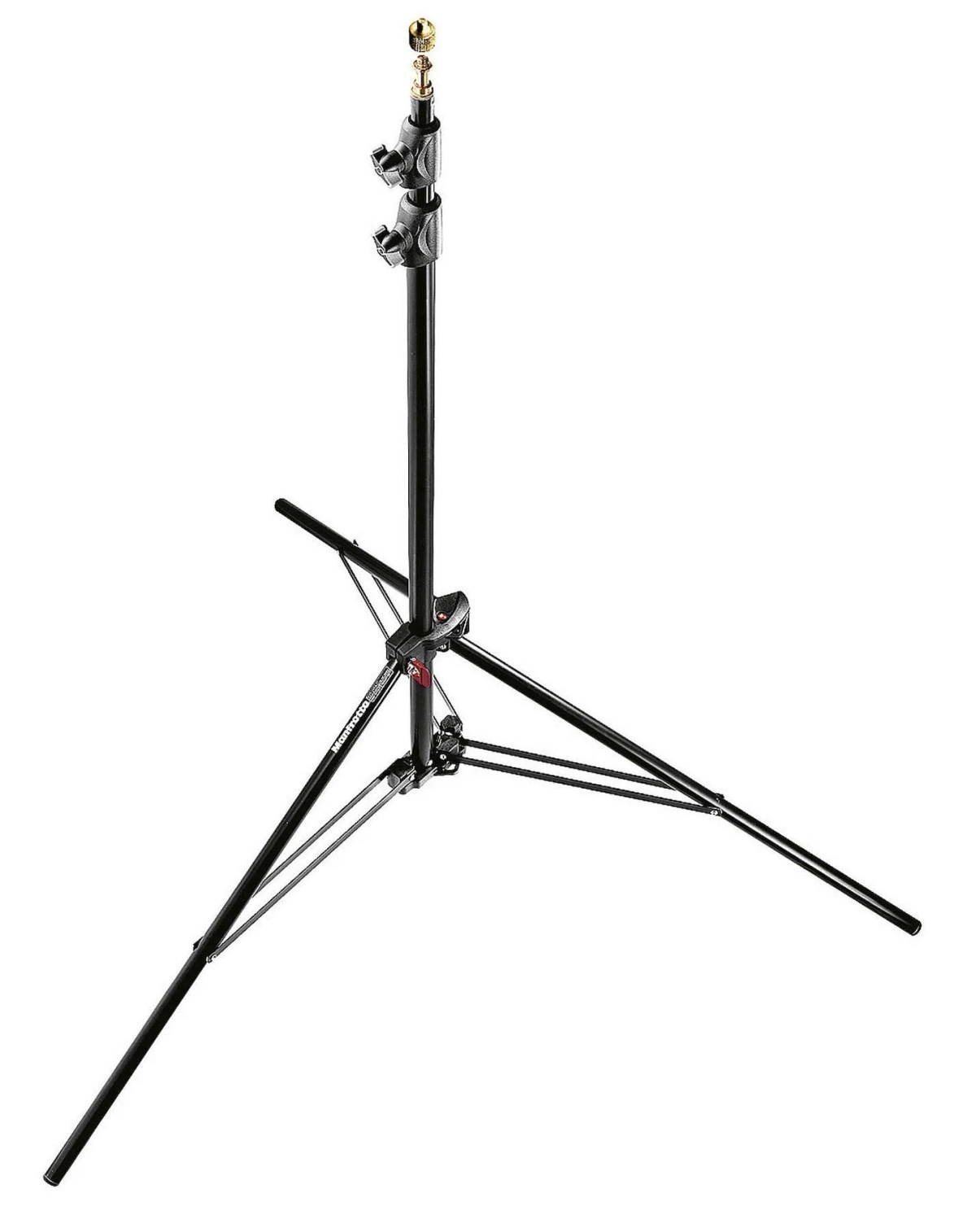Trípode de luz negro, plegable, con tres patas, metal, con fondo blanco.
