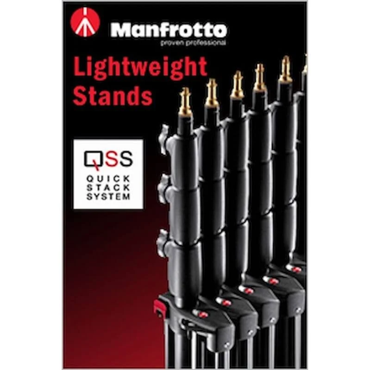 Trípodes negros y plateados. La caja dice: Lightweight Stands y Quick Stack System.