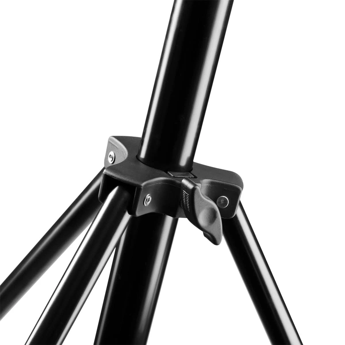 Nahaufnahme eines schwarzen Stativbeinanschlusses mit Verriegelungsmechanismus.