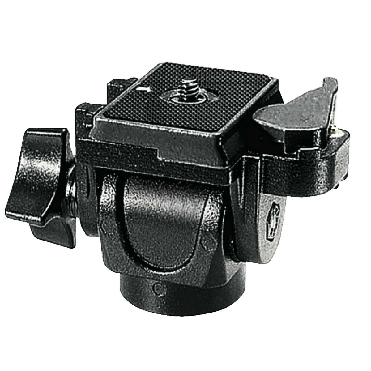 Cabezal de trípode negro con placa de montaje y perillas de ajuste. Un accesorio de cámara profesional.